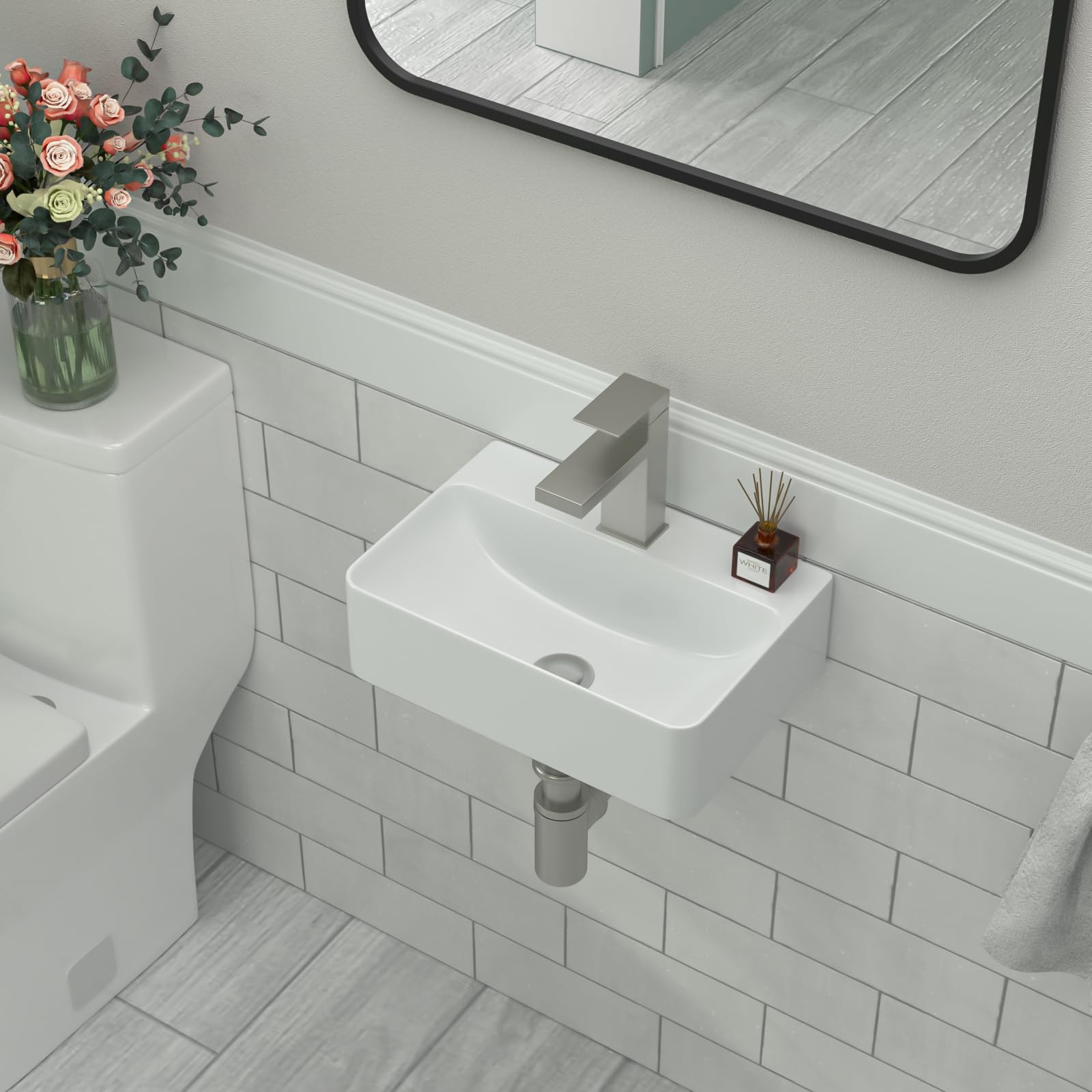 View 1 of **FOR PARTS ONLY/ BROKEN IN PIECES** GHOMEG Small Bathroom Sink White 14x10 Tiny Wall Mount Hung Tiny Vessel Sink Bathroom Corner Floating Sink Rectangle White Porcelain Ceramic Vessel Vanity for Small Space