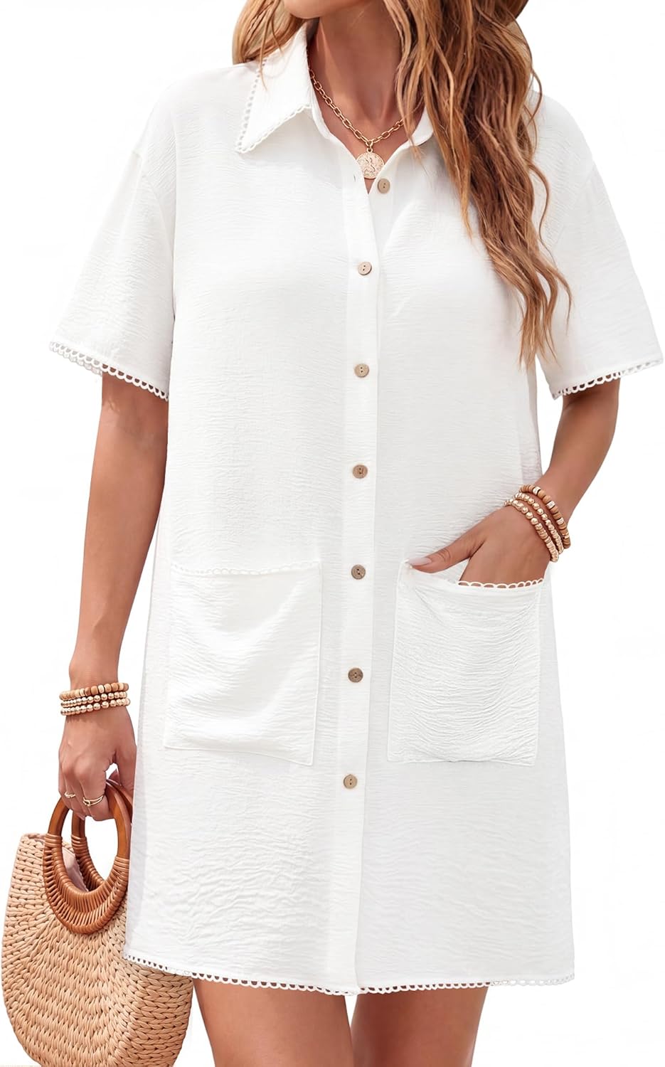 Bsubseach Swimsuit Coverup for Women Button Down Bathing Suit Short Sleeve Summer Beach Shirt Dress with Pockets