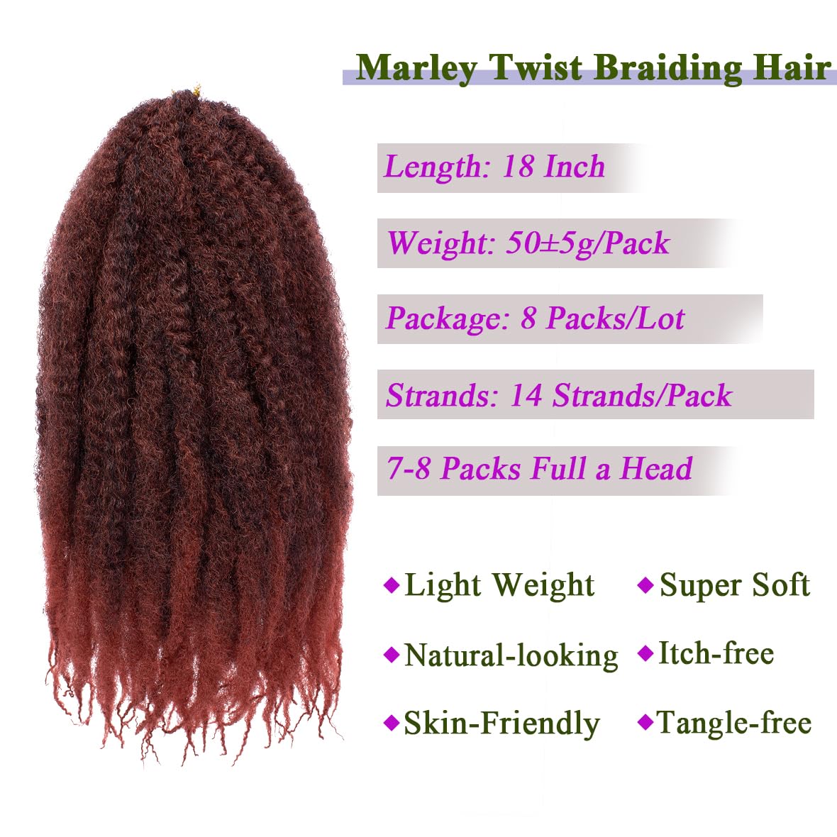 Kachanaa 18 Inch Marley Twist Hair for Braiding 8 Packs Ombre Copper Marley Braids Pre Fluffed Afro Kinky Curly Markey Braiding Hair Extensions for Jumbo Twist /T350# - Image 3