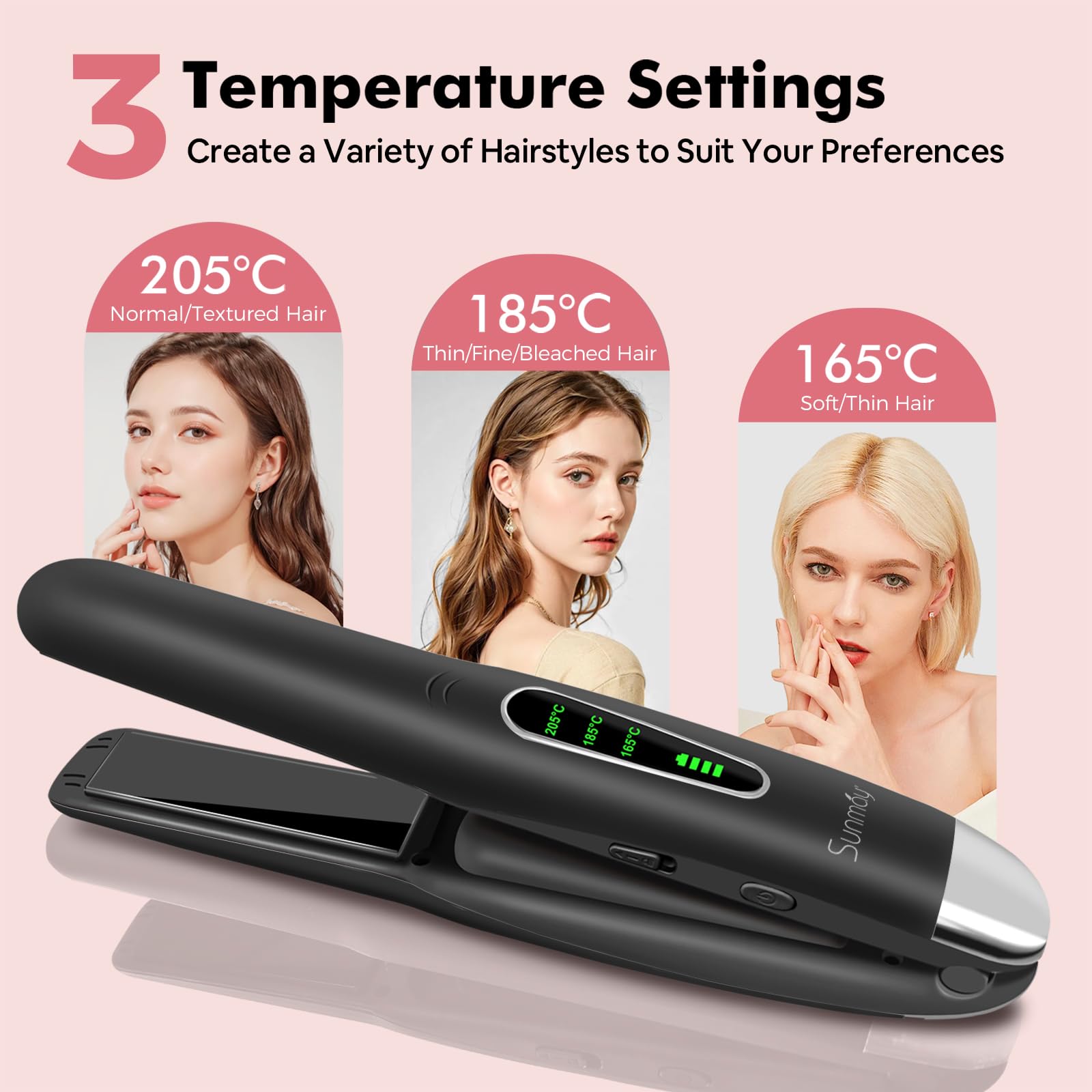 SUNMAY Voga Plancha Pelo Inalambrica 2 en 1, Rizador de Titanio Portátil, Mini Plancha Viaje USB 5000 mAh, 3 Temperaturas, Calentamiento Rápido Negro