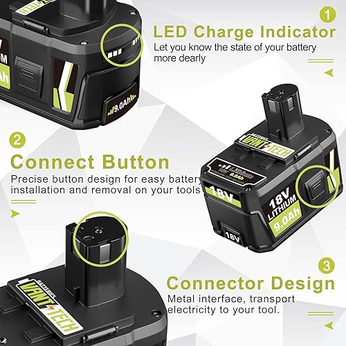 Miniatura 3 de VANTTECH Paquete de 2 unidades P109 de repuesto de litio de 9.0Ah para batería Ryobi de 18 V P102 P103 P104 P105 P107 P108 P109 compatible con