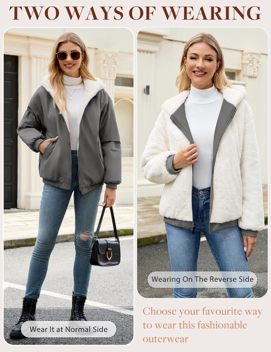 Women Fleece Lined Jacket Winter Warm Reversible Sherpa Coat Fashion Hooded Zip Up Outerwear with Pockets(Black,S) - Image 4