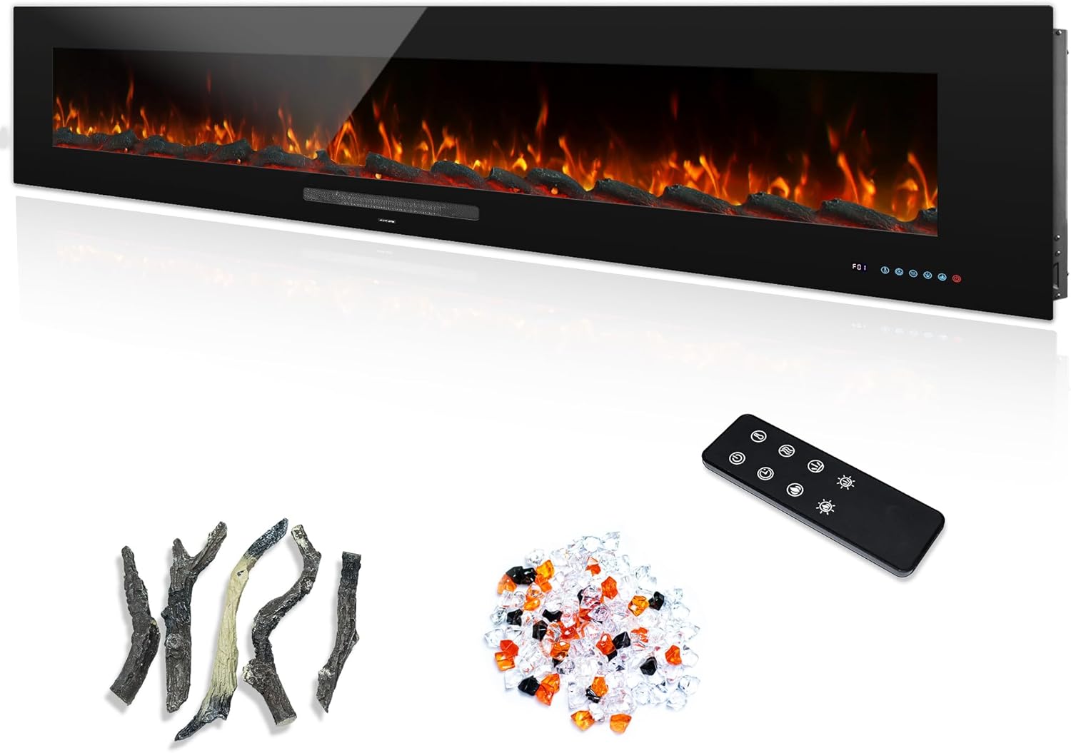 Dreamflame 84-inch Electric Fireplace with remote control, log set, and crystal embers