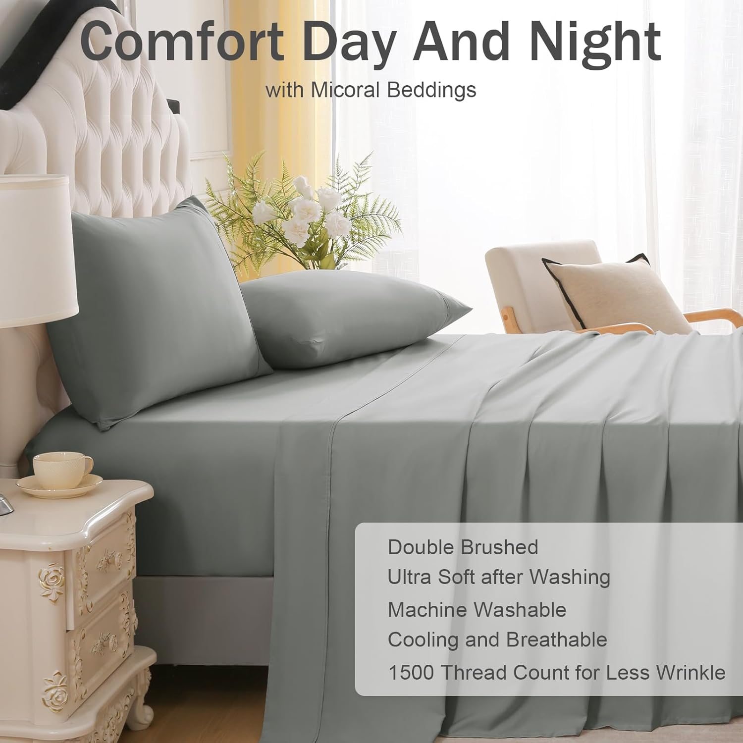 MICORAL King Bed Sheets Set, Soft Breathable Bedding Sheet Set, Sheets Set with 16" Deep Pocket Design (4 Pieces, King, Silver Grey) - Image 3