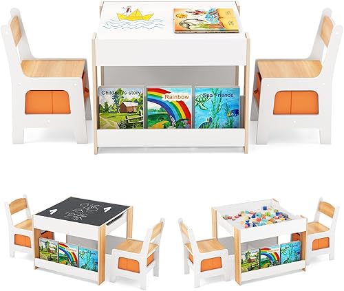 Miniatura 12 de HONEY JOY Mesa y sillas para niños, juego de actividades de madera 3 en 1 con almacenamiento, mesa desmontable, para arte, manualidades, dibujo,