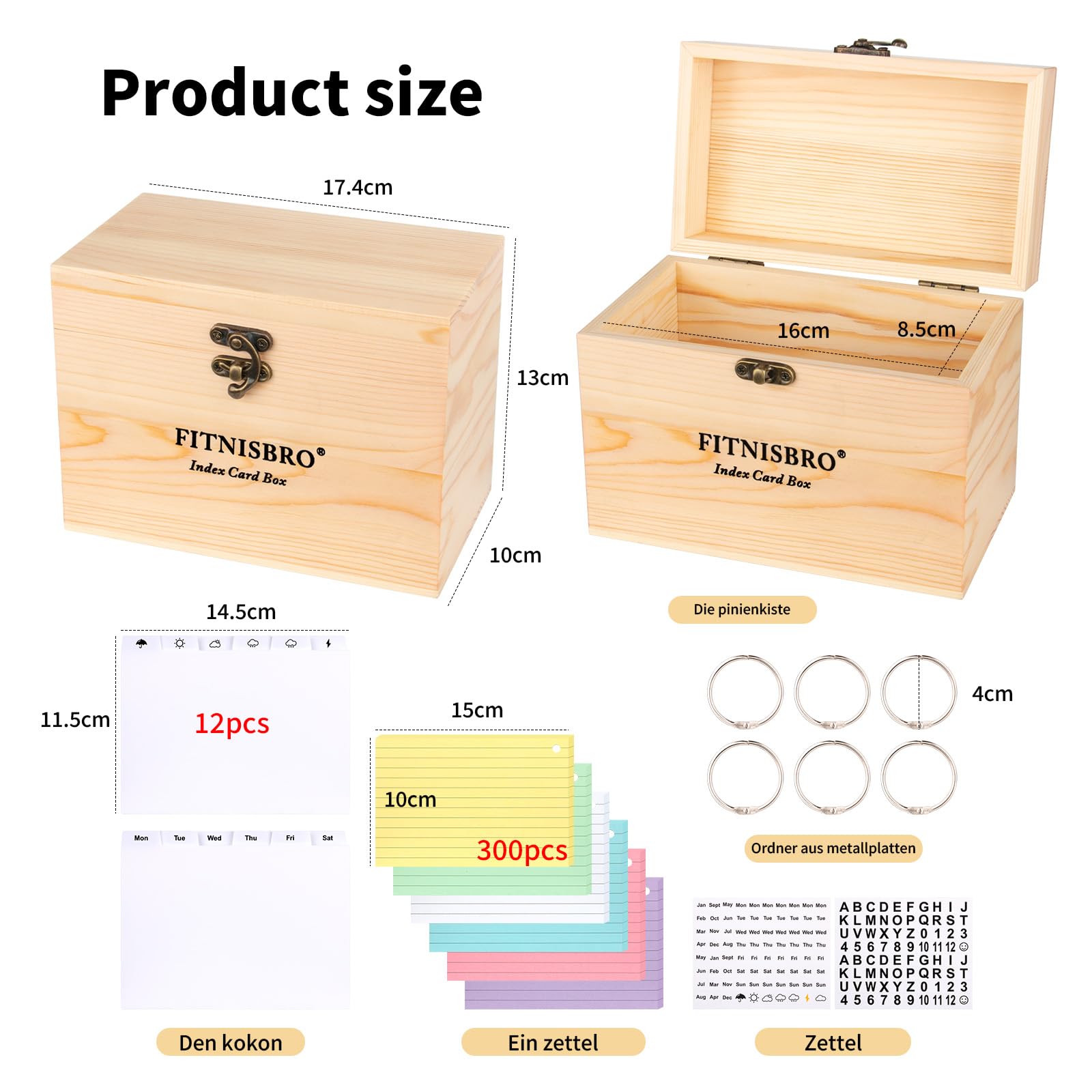 Karteikarten Box A6, 17.5 x 10 x 13cm Pinienholz KarteikartenBox, 300 linierte Notizblätter im Lieferumfang enthalten, 12 Register 6 Ringen 2 Aufkleber,für Vokabeln, Lernnotizen, Rezepte