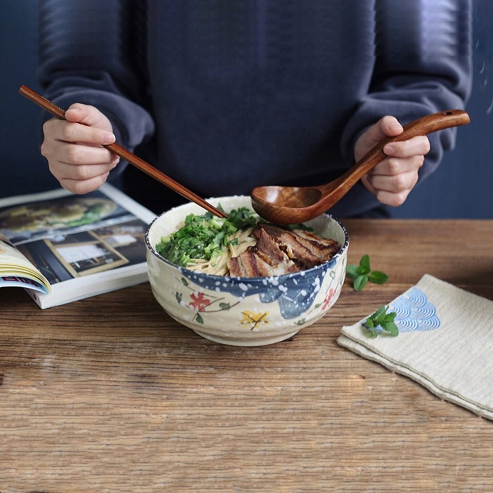 Nudelschale aus Keramik im japanischen Stil, handbemalt, Unterglasurfarbe, große Suppenschale, große Salatschüssel, Instant Nudelschale, Ramenschale, Müslischalen und Nudelschalen