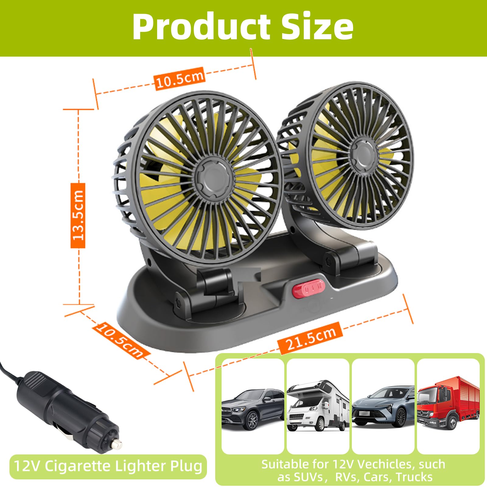 Ventilatore auto 12 V doppia testa ventilatore auto ventola 360 ° girevole a 2 velocità accendisigari auto ventilatore raffreddamento per cruscotto auto furgone SUV RV barca