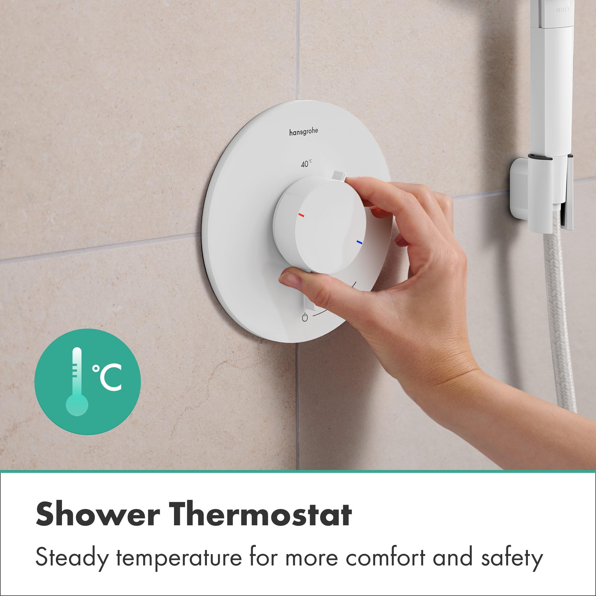 hansgrohe Ecostat Comfort S - termostato para ducha empotrado, grifo ducha con botón de seguridad (SafetyStop) a 40 °C, mezclador para 1 función, blanco mate, 33714700