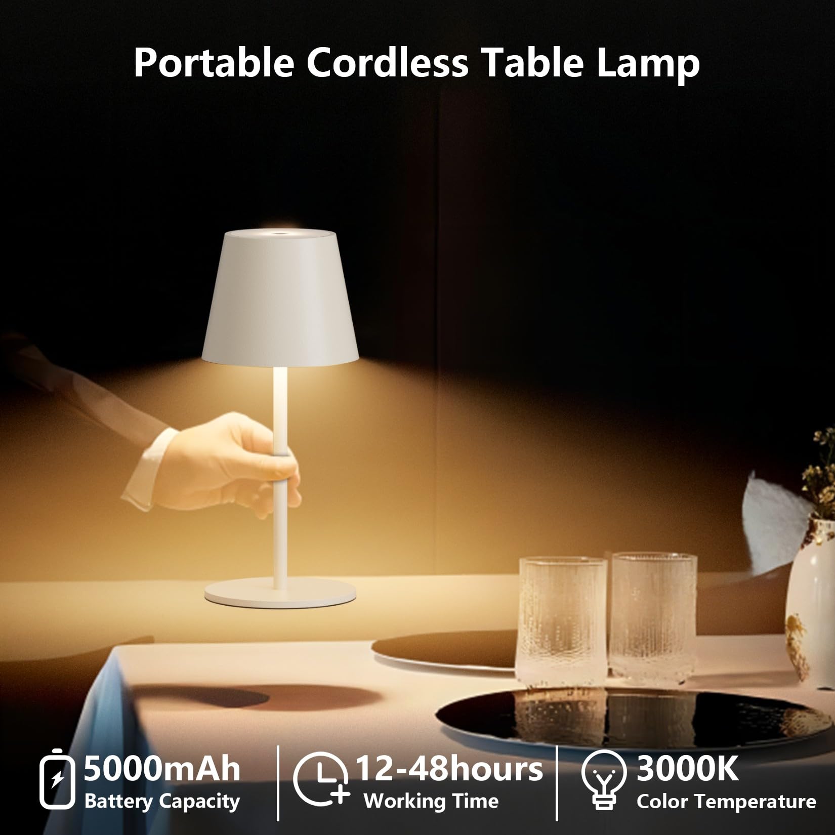 Dimmbare led akku tischleuchte Beige 26CM, 5000mAh(5V 2A) camping lampe akku aufladbar,3W 3000K tischleuchte kabellos,IP54 Outdoor Tischlampe für Restaurant, Schlafzimmer, Garten, Büro(2 Stück)
