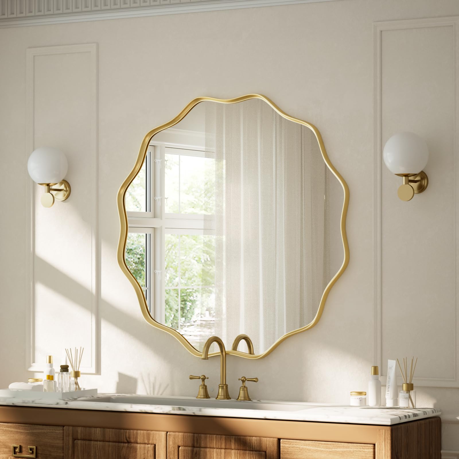 Koonmi Grande specchio rotondo con bordo ondulato, 50 cm, specchio da parete con telaio in metallo strutturato, da appendere o appoggiare alla parete, per bagno, ingresso, soggiorno, oro