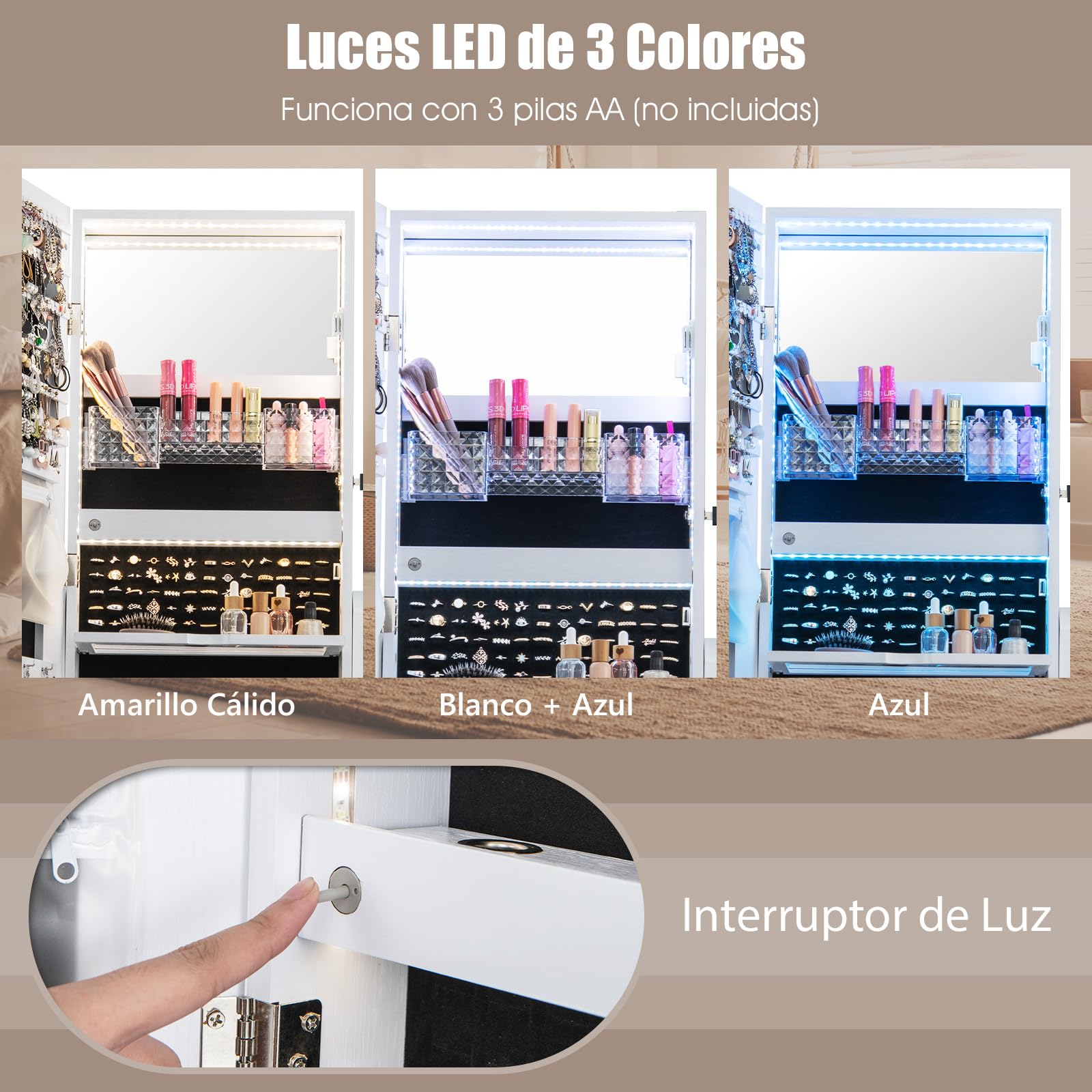 COSTWAY Armario para Joyas, Espejo Joyero de Pie Con Luces LED de 3 Colores, Espejo de Pie Cuerpo Entero con Cerradura, Cajón y 4 ruedas, Almacenamiento de Joyas Con Espejo de Maquillaje (Blanco)