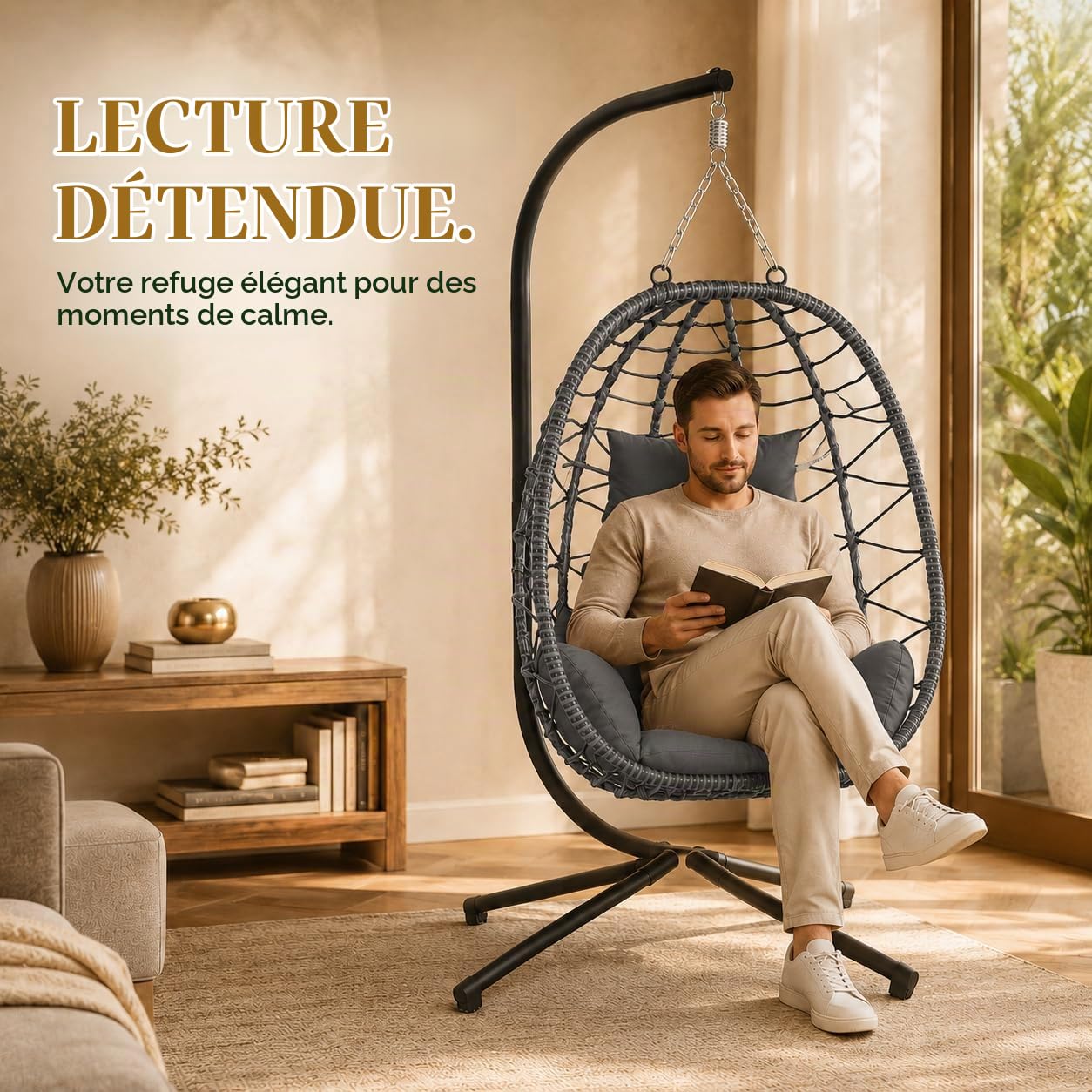 Fauteuil Suspendu avec Armature Coussins pour l'intérieur et l'extérieur - Balançoire Suspendue Rotin Base Robuste Jusqu'à 150 kg Hauteur Réglable - pour Salon, Balcon, Terrasse en Gris