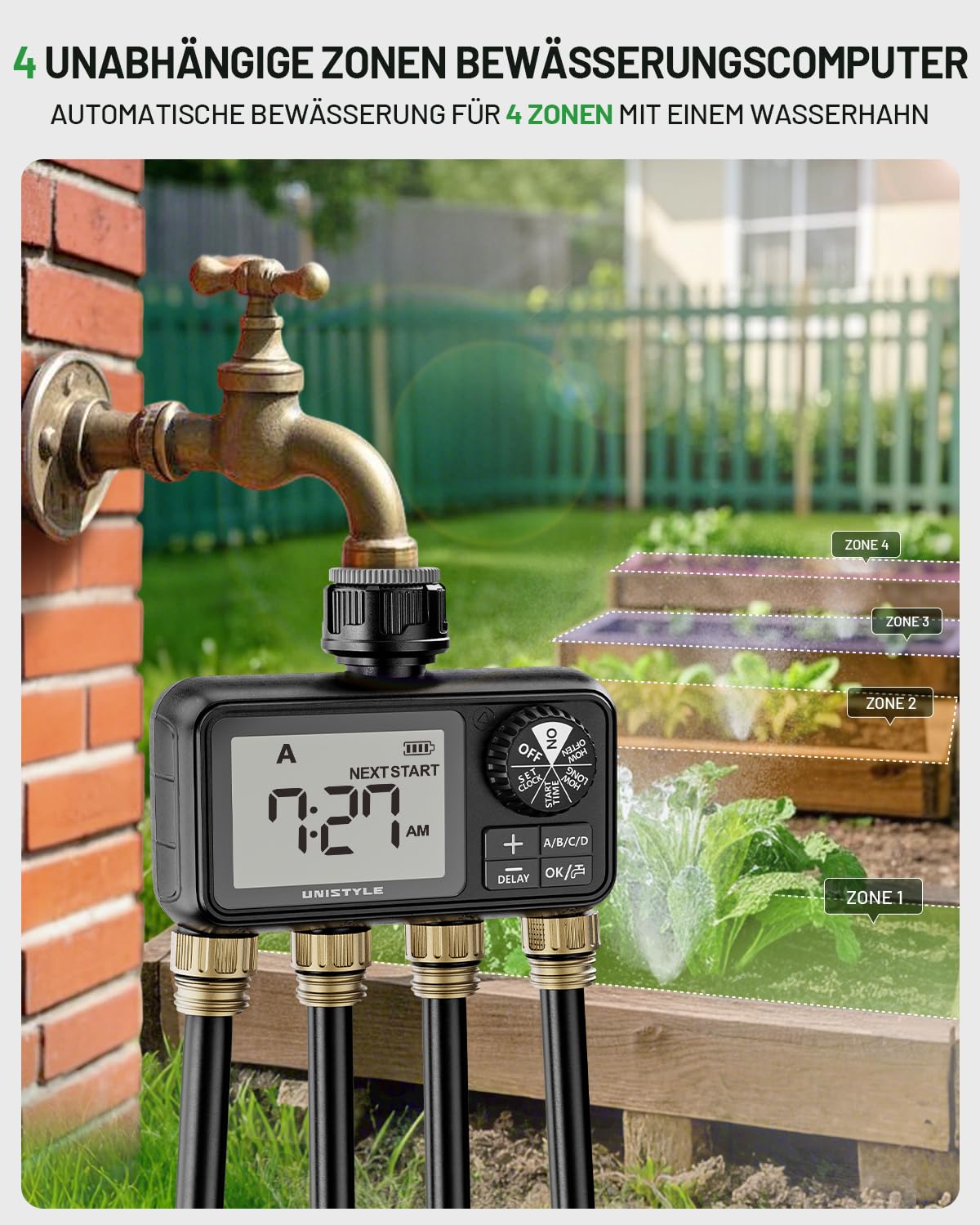 Unistyle Bewässerungscomputer 4 Ausgänge, Automatische Bewässerungsuhr, Rasensprenger Bewässerungssteuerung, Bewässerungssystem für Gartenbewässerung, Wasser Zeitschaltuhr Bewässerung Garten