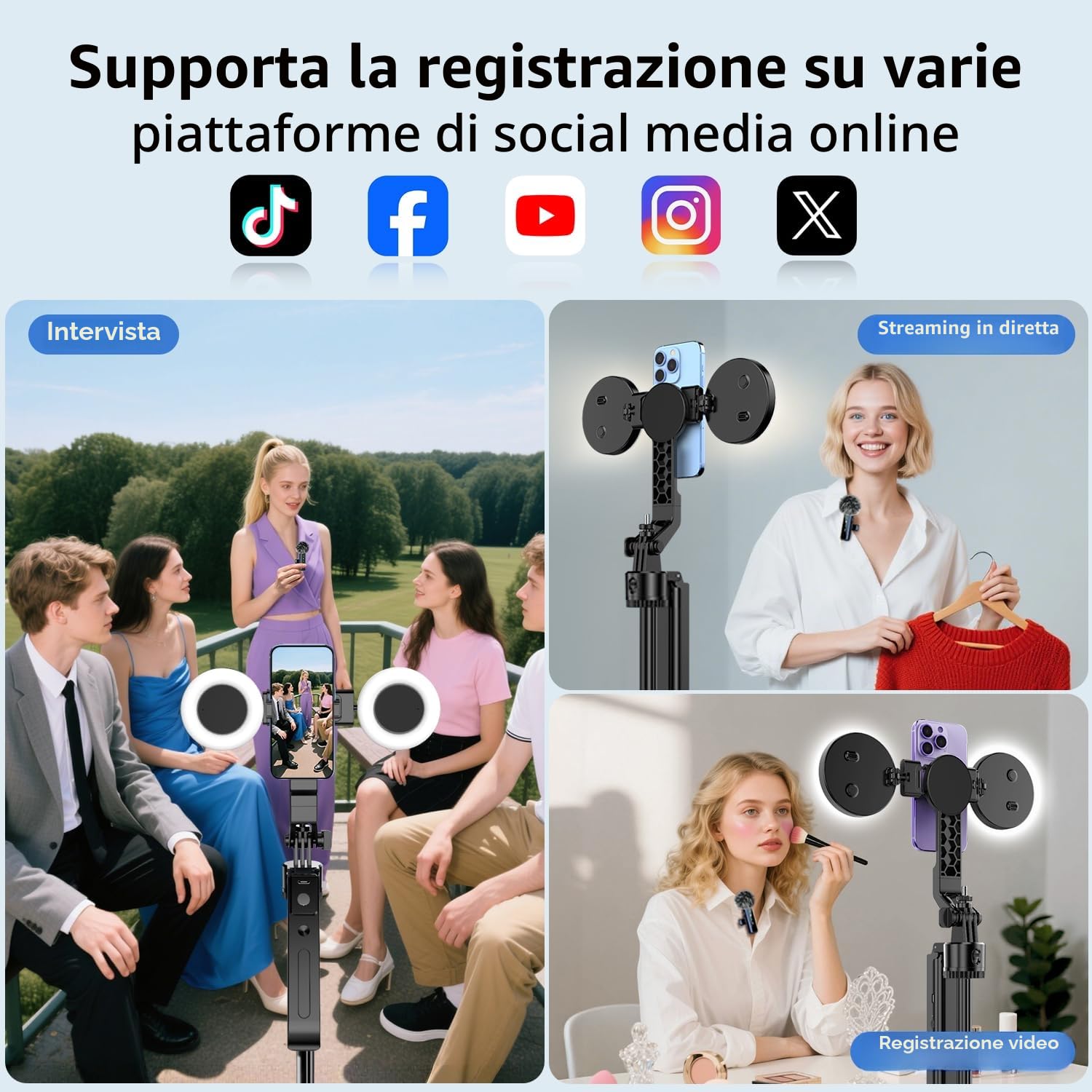 yAyusi Kit Vlogging per iPhone/Android, Automatico Volto Rilevamento Treppiede 180cm con Luce, Microfono e Telecomando, Set Completo per Creator TikTok e YouTube