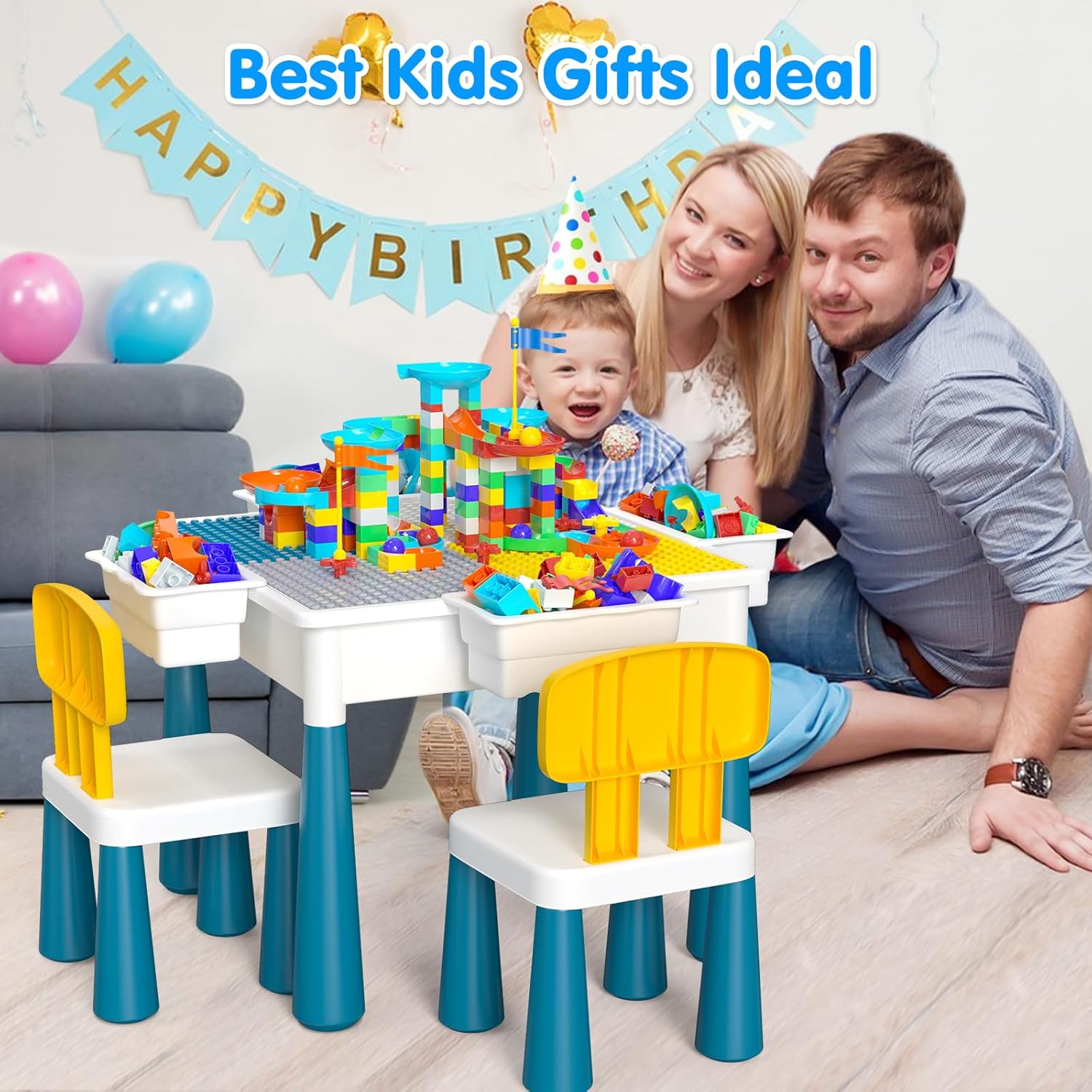 OCATO Kids Activity Table Toddlers Kids Table and Chair Set with 152Pcs Large Marble Run Building Blocks All in One Kid Play Water Tables Sand Tables, STEM Toys for Boys Girls 3 4 5 6 Year Old