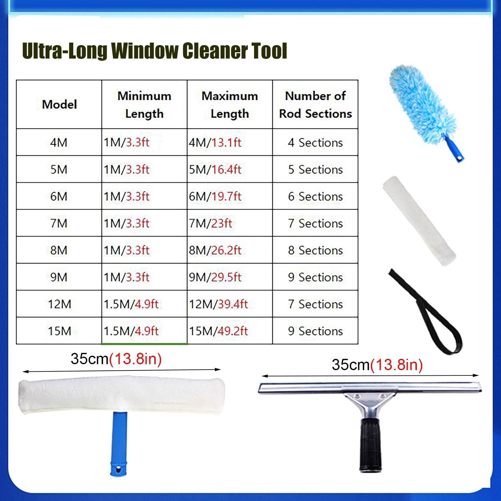 Limpiador Limpieza Vidrios Limpiador de vidrios para Ventanas Altas de Tercer Piso con Poste telescópico de Aluminio, Equipo de Lavado de Ventanas para Exteriores de Oficina de Sala(6M/19.7ft)
