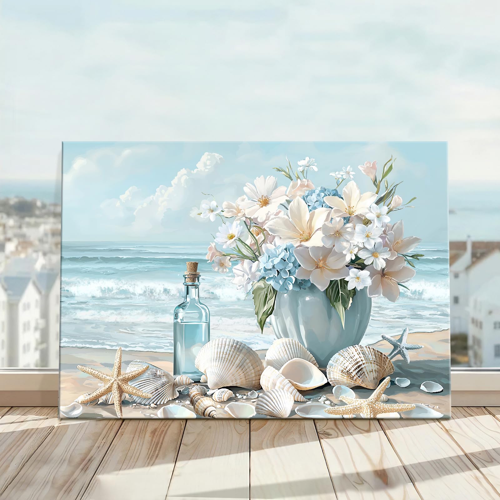 Wooden Framed Canvas Wall Art Blue Ocean Coastal Seascape Painting on Canvas Prints Poster Hydrangea Lilies Flower in Vase Pictures for Living Room Bedroom Home Hallway Corridor Wall Decor 40x60cm - Image 2