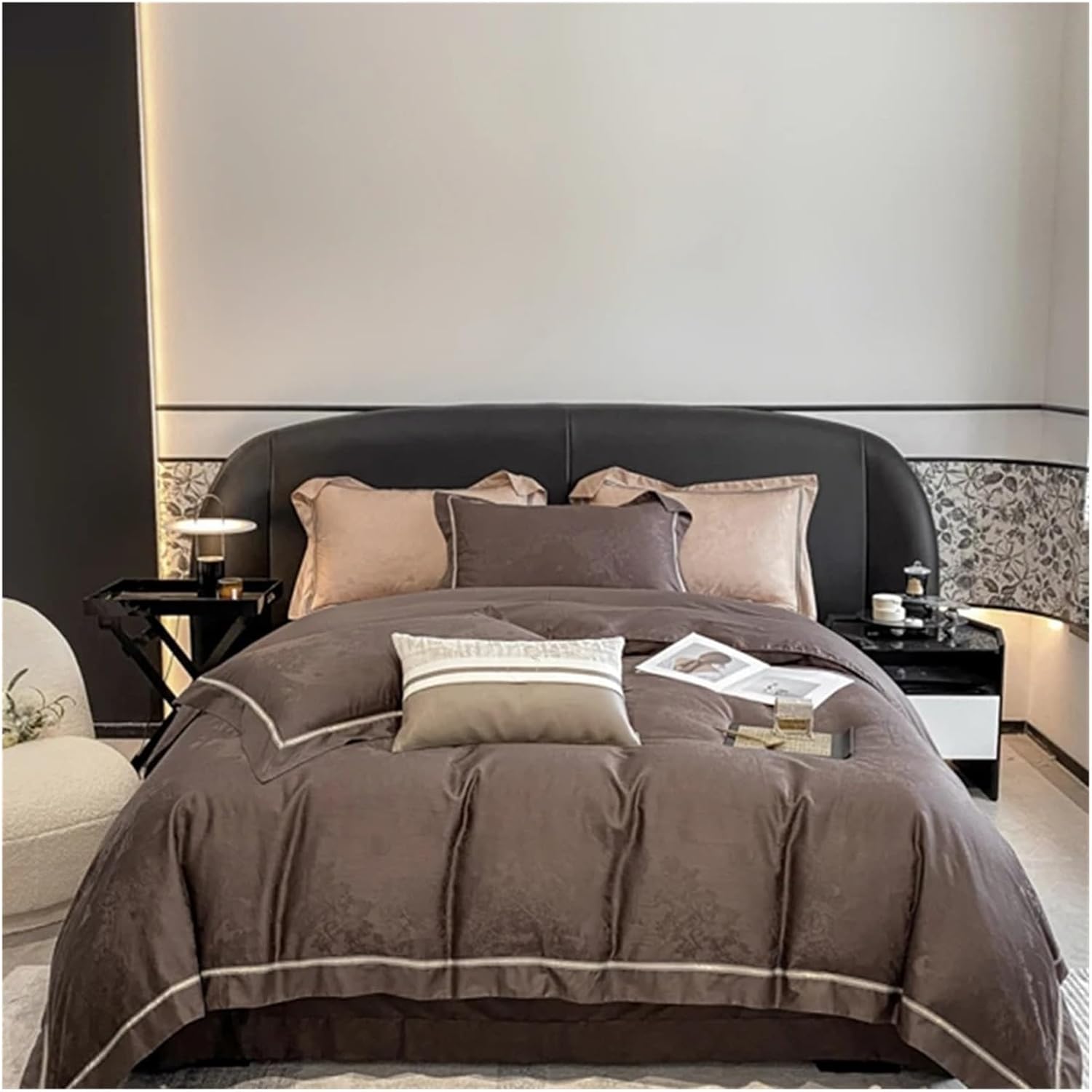 Bed, 1000TC Cotton Jacquard Bedding Set Dark Gray Duvet Cover Set Bed Sheet Pillowcases, Queen size 4pcs, MM-102