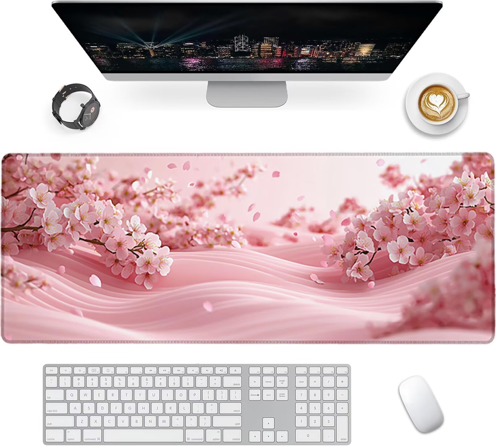 Lpfieonn Kirschblüten Großes Schreibtischunterlage, XXL Schreibtischunterlagen, Rosa XXL Wasserdicht Gaming Mousepad mit Vernähter Rand und Rutschfeste Gummibasis, für Hause/Büro 120x60cm PF-2067