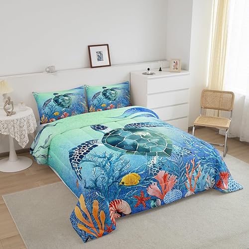 Miniatura 2 de Juego de edredón de tortuga marina verde azulado tamaño Queen, juegos de ropa de cama de reptil de tortuga 3D para niños, niñas, niños,