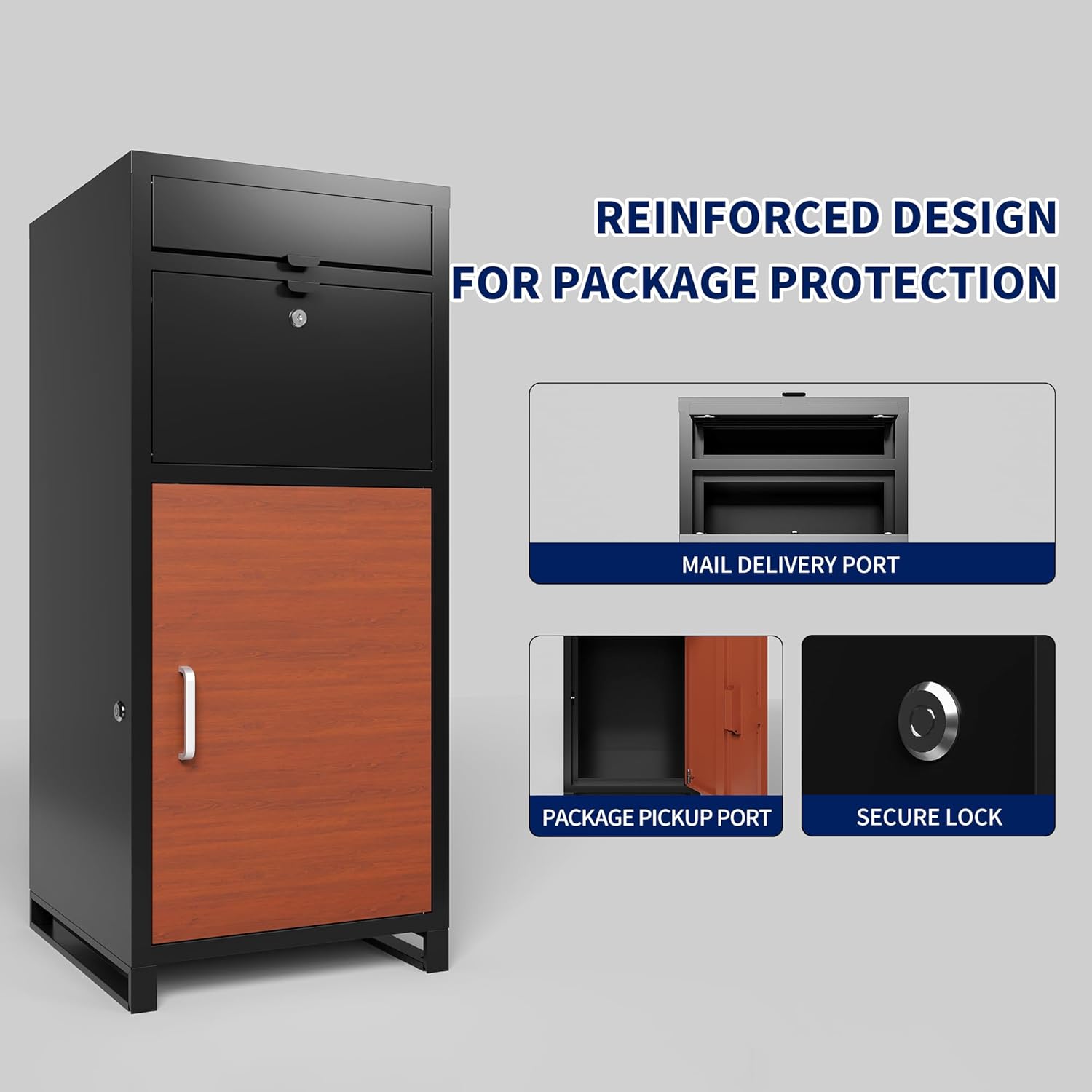 Package Delivery Boxes for Outside, Heavy-Duty Steel Parcel Drop Boxes with Anti-Theft Design for Home, Large Waterproof Package Lock Box for Outdoor, Porch, Curbsid (Black+Brown)