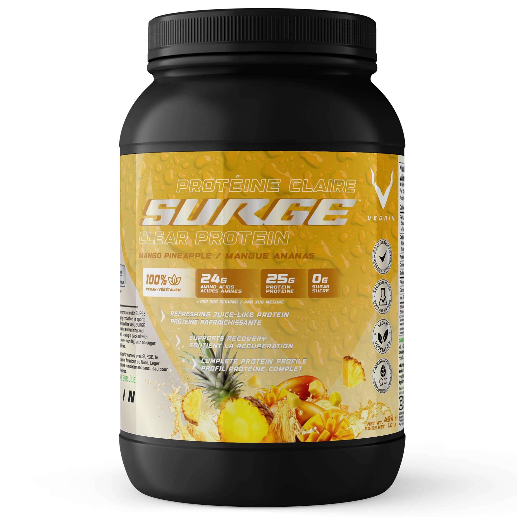 PRO-SURGE Clear Protein + Electrolytes - Mango Pineapple flavour - Plant-Based Protein Isolate - Non-GMO, Sugar &amp; Dairy-Free, Soy-Free, Gluten-Free Hydration, Clear &amp; Refreshing Juice-Like Drink 454g
