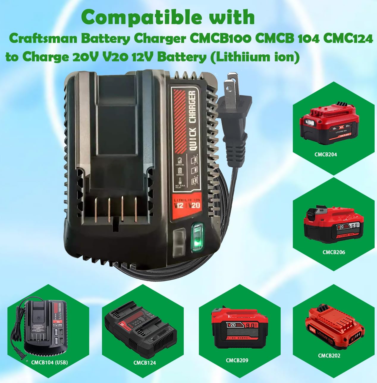 CMCB104 Upgrade Replace Craftsman 20V Battery Charger to Charge Craftsman Battery 20V V20 12V CMCB100 CMCB101 CMCB102 CMCB201 CMCB202 CMCB204 CMCB205 CMCB209…