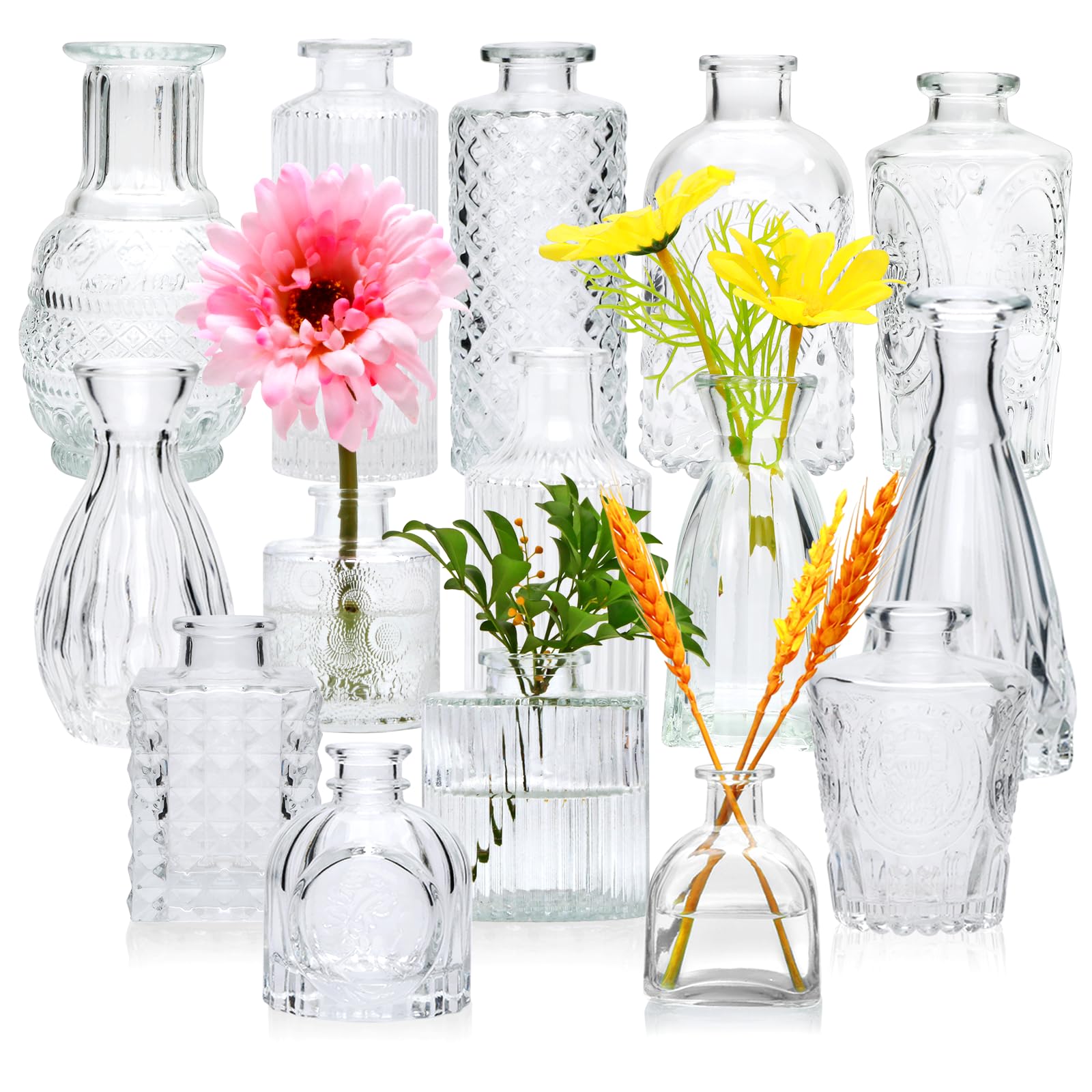 Glass Bud Vases Set of 15,Small Flower Vases for Wedding Centerpiece Table Decorations,Clear Vintage Embossed Mini Vases,Flower Arrangements in Vases for Party or Home Decor