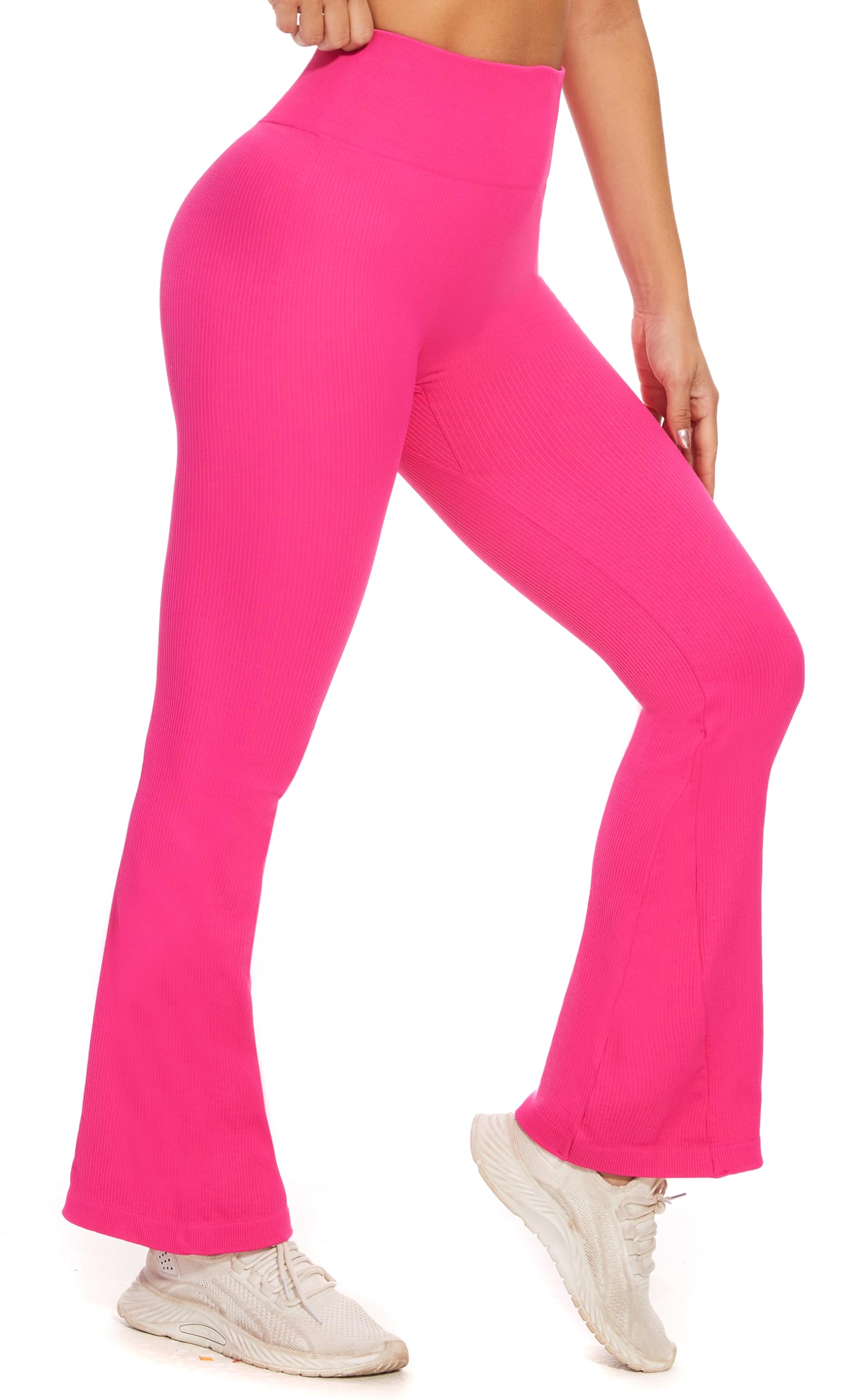 DINNAPE Flare Leggings for Women - No Front Seam High Waisted Tummy Control Ribbed Leggings Comfy Athletic Yoga Pants Pink M