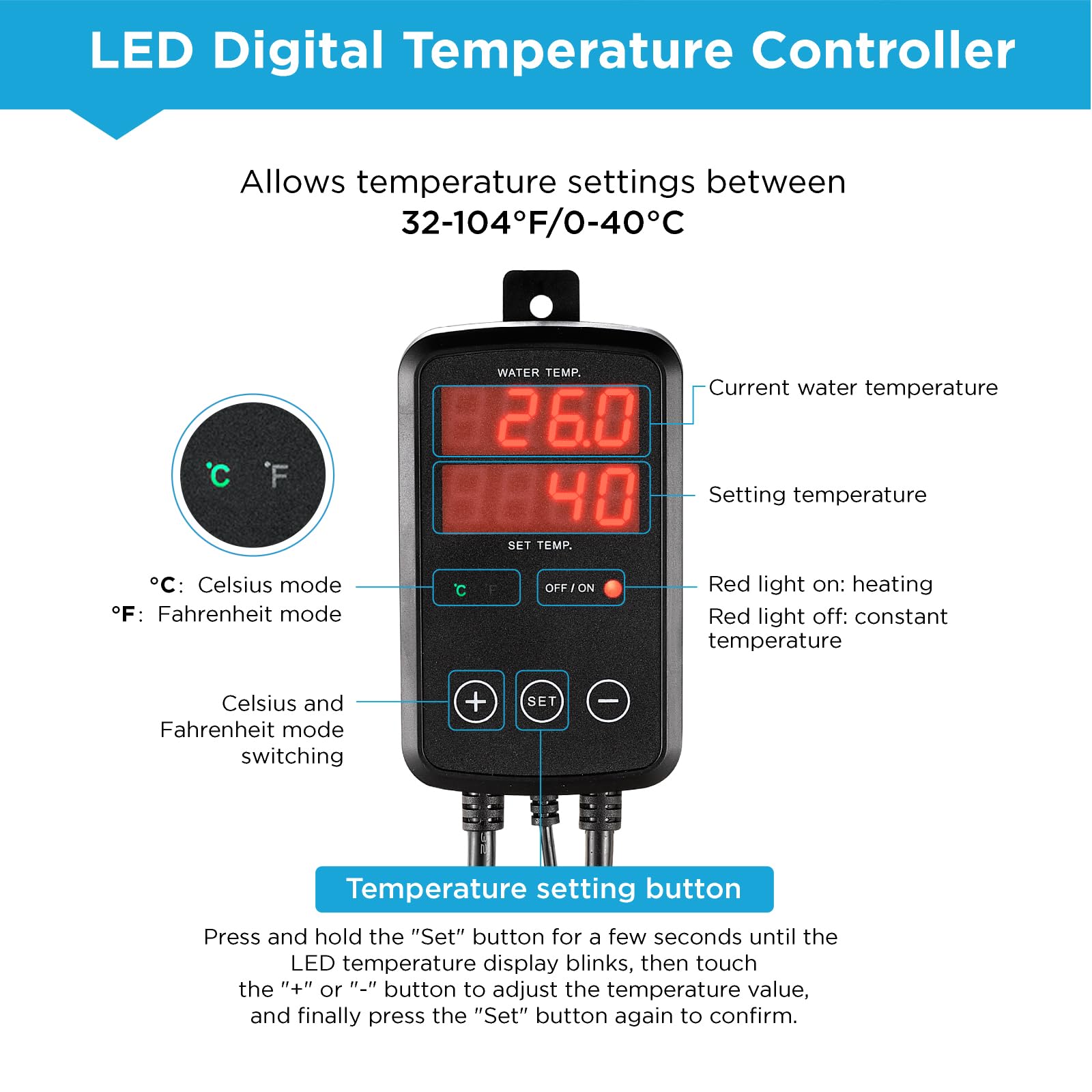 Titanium Aquarium Heater 800W, Submersible Fish Tank Heater with Digital Display Temperature Controller, 0℃-40℃ Adjustable - Image 2