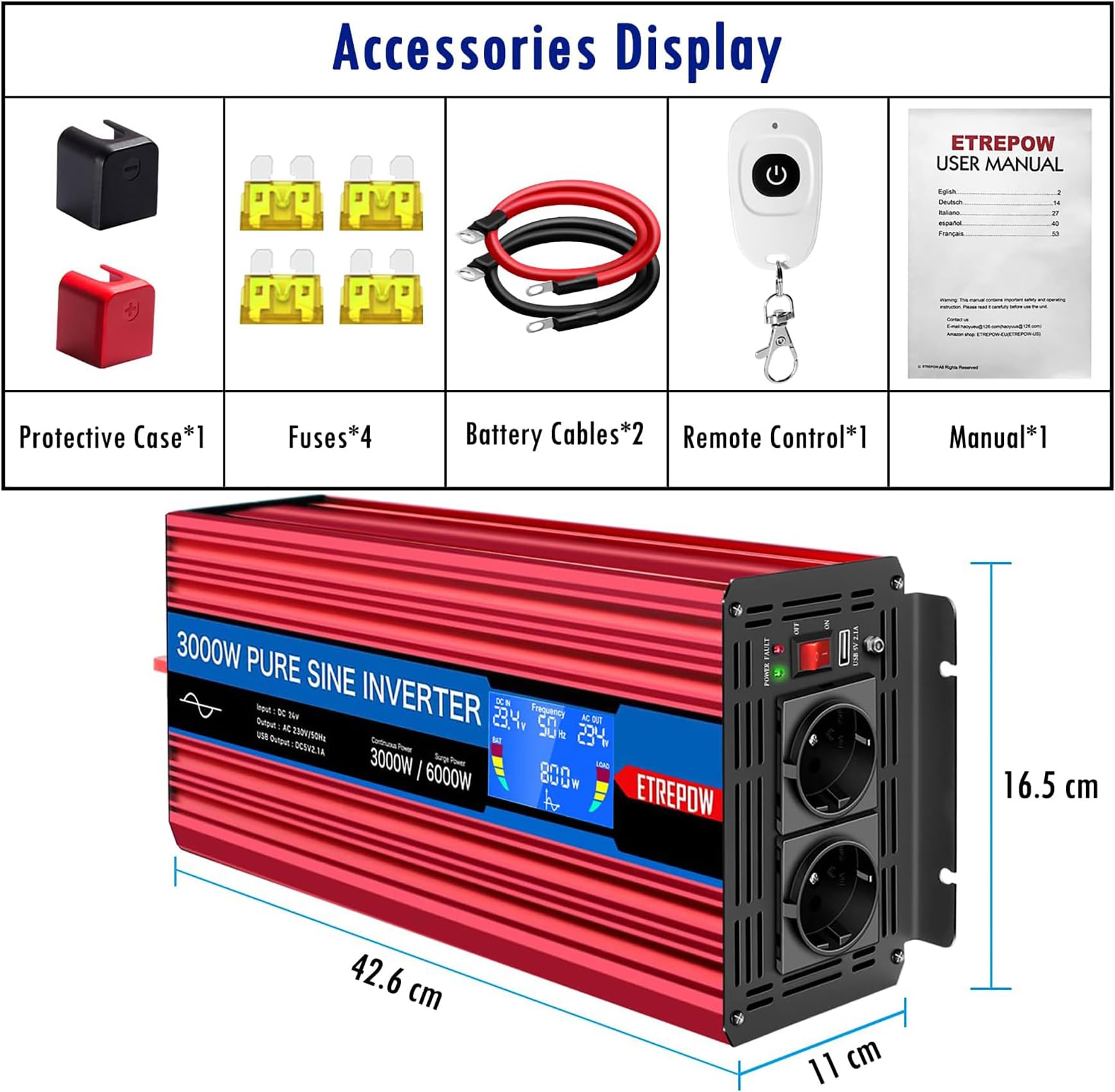 3000W convertisseur 24v 220v Pur Sinus transformateur-2 Prises EU AC et USB, télécommande sans Fil et écran LCD Onduleur pour Les systèmes Solaire, Voiture, Camping, Voyage