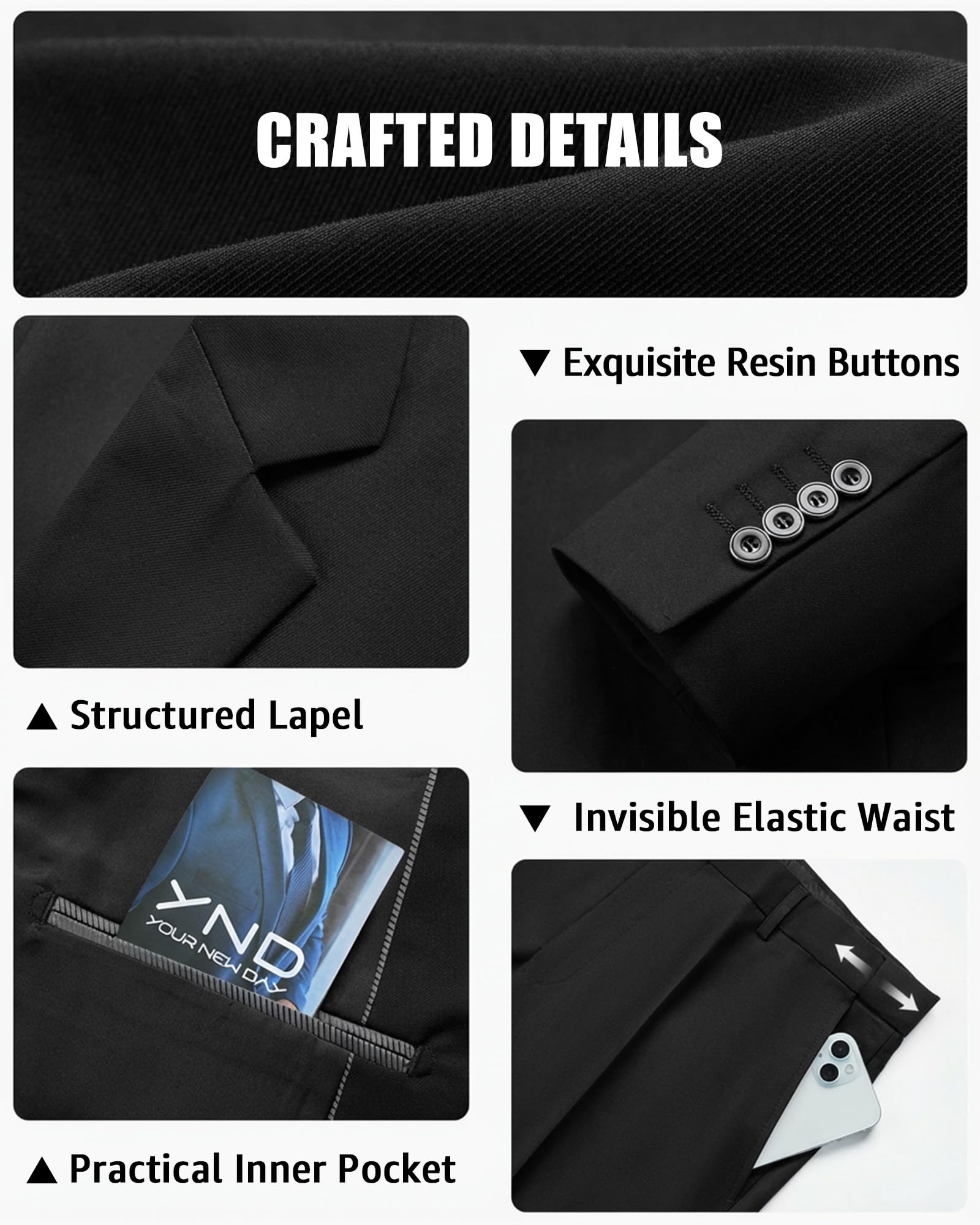 YND - Traje ajustado de 3 piezas para hombre, juego de chaqueta lisa con un botón, chaleco, pantalones y corbata