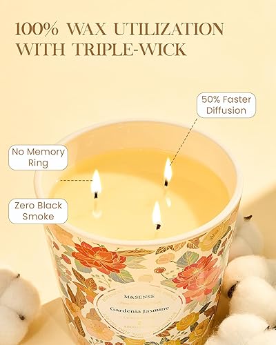 Miniatura 3 de M&SENSE Vela Perfumada de Gardenia y Jazmín, 28.2oz Velas Grandes de Cera de Soja Natural de 3 Mechas, Duraderas de Combustión Limpia y Lenta Sin