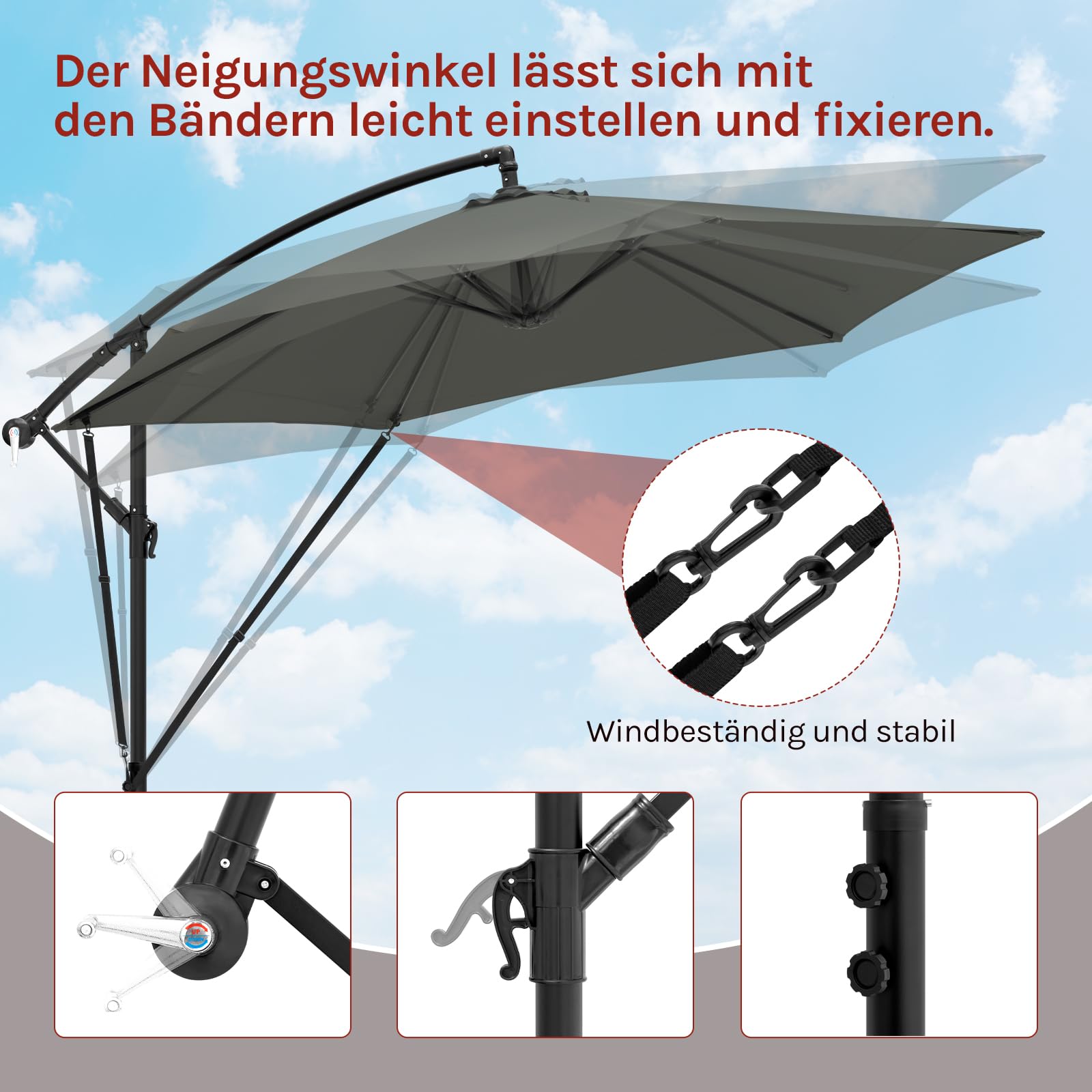 WOLTU Ampelschirm Sonnenschirm Ø310 cm & Kurbelvorrichtung Kurbelschirm mit Schutzhülle und Ständer, Gartenschirm Sonnenschutz UV-Schutz | Wasserdicht 360° Grad Drehbare Marktschirm, Dunkelgrau