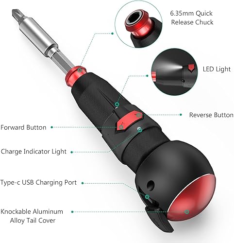 Miniatura 6 de ORIA Destornillador inalámbrico, mini destornillador eléctrico, juego de destornilladores inalámbricos recargables con 13 puntas, puerto de carga