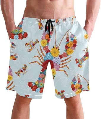 Mens Swim Trunks Quick Dry Swimming Shorts with Pocket Floral Lobster Swimsuit Trunks,