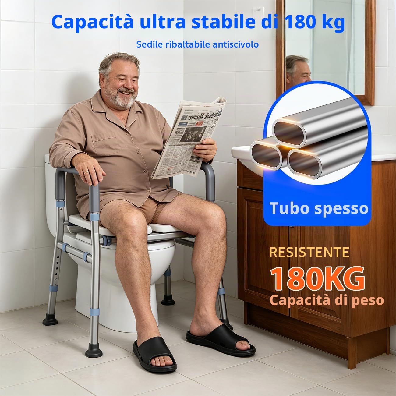 Quadro di Sicurezza WC con Maniglione Bagno Disabili, Rialzo WC per Anziani Regolabile, Alzawater per Anziani Pieghevole Senza Foro, Corrimano Toilette per Disabili e Comoda WC