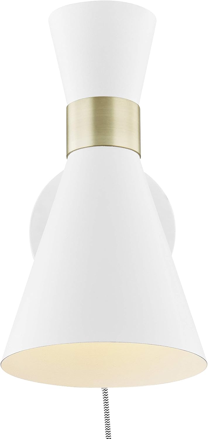Light Society LS-W279-WH Beaker Plug-in Wall Sconce in Matte White with Swivel Arm and Brass Details, Modern Mid-Century Retro Style Lighting