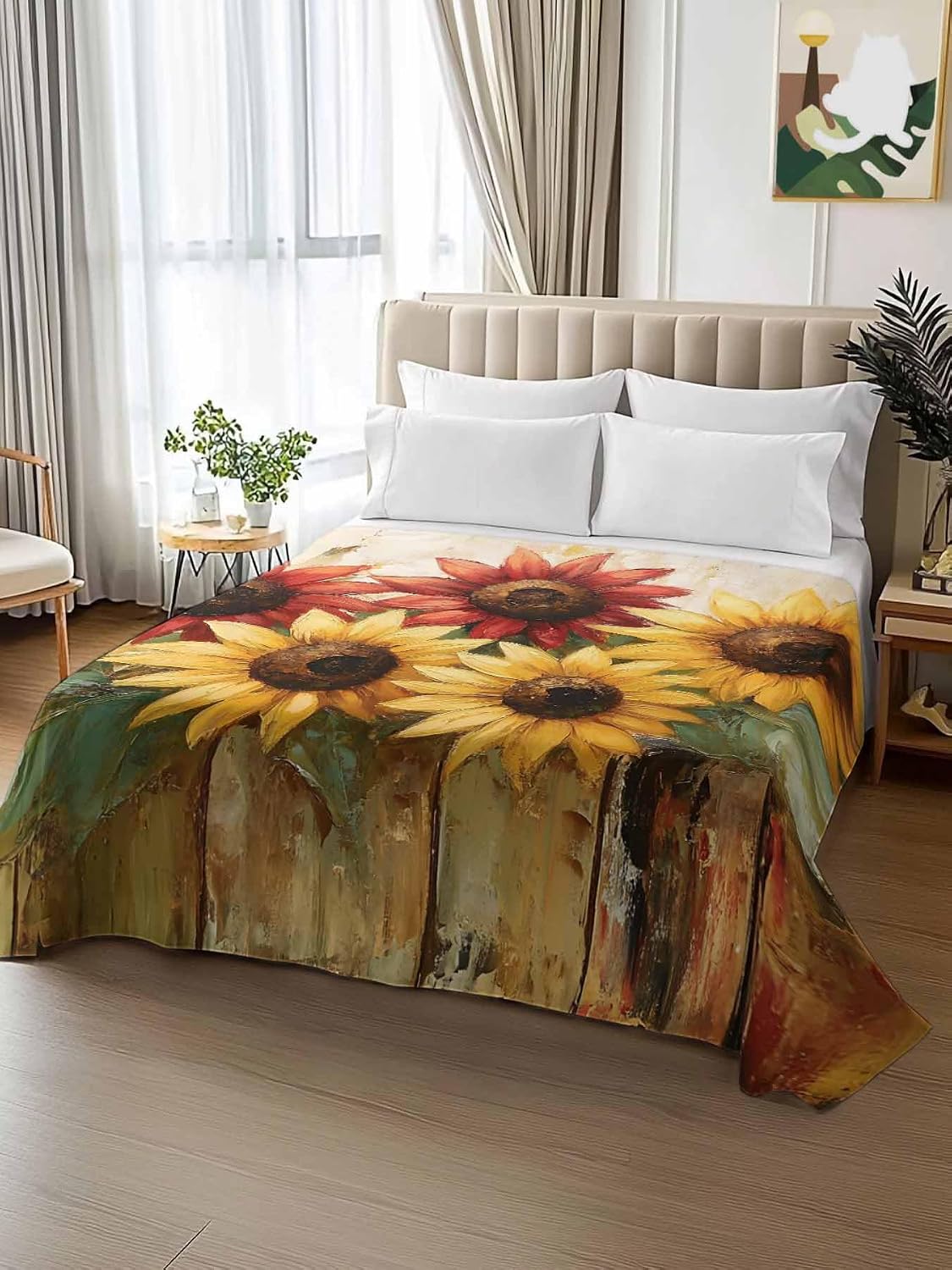 Top Sheet Full Bedding Flat Sheet Only, Retro Farmhouse Red Yellow Sunflower Microfiber Bed Sheets Soft Breathable Bedding Flat Sheets, Vintage Rustic Wood Floral Hotel Luxury Top Sheets