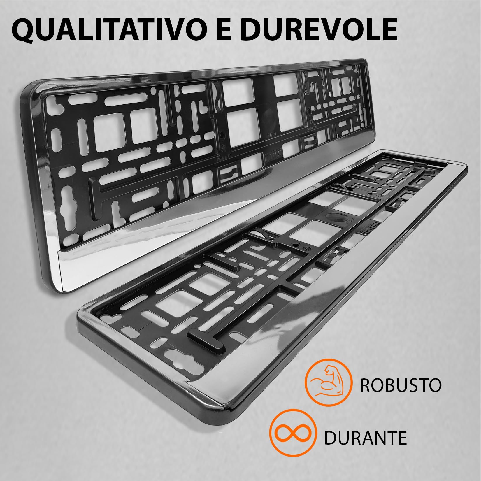 Portatarga Auto - Supporto Targa - [semplice, durevole e sicuro] - 8 viti - 520x110 mm - Cromo effetto - Porta Targa - adatto a qualsiasi auto - per targhe italiane omologate - Fissaggio per Targa