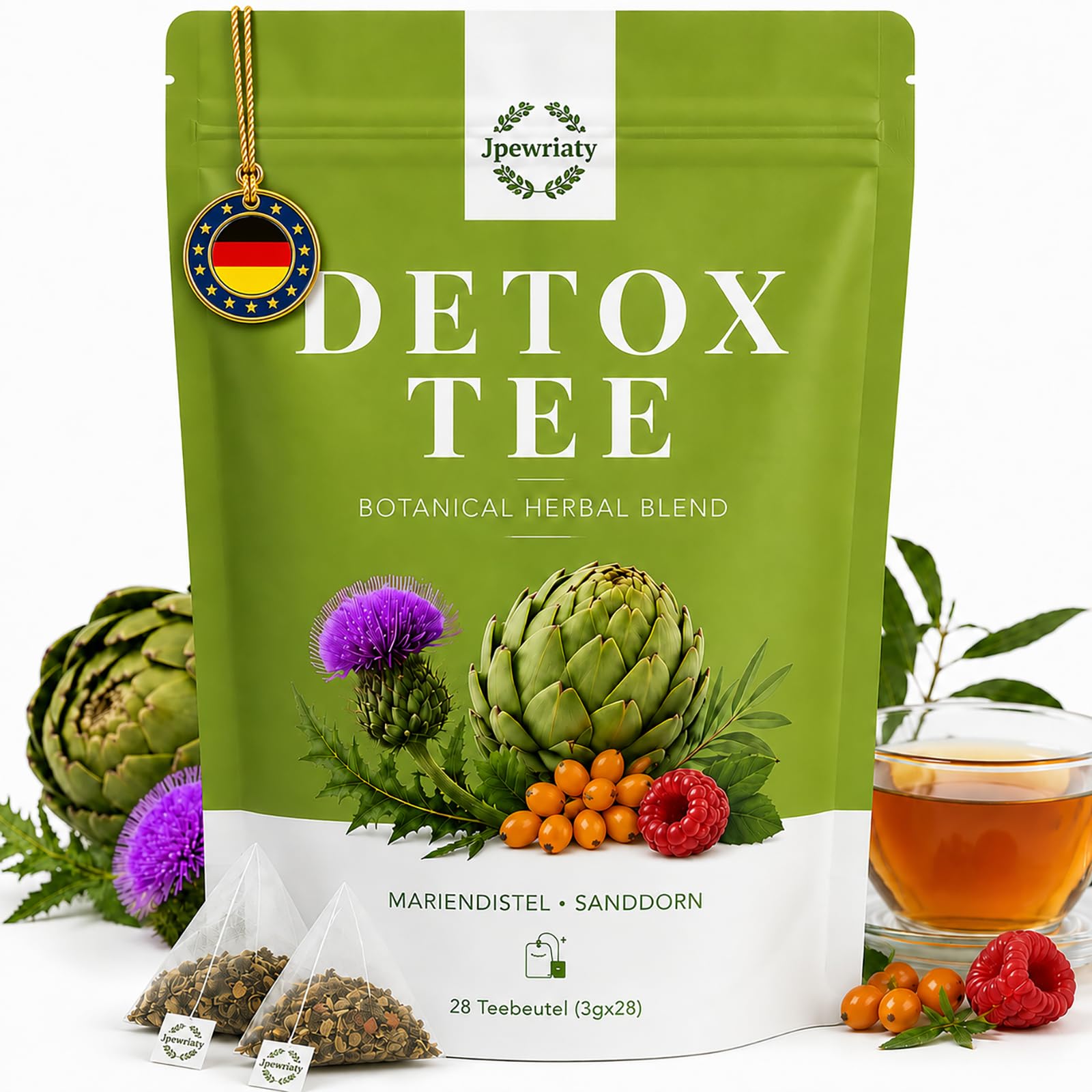 Detox Tee zum Abnehmen - 28 Teebeutel, Kräutertee Mit pflanzlichem Leber Komplex aus Mariendistel, Lowenzahn, Artischocke & Gruiner Tee – für Entgiftung, Leber-, und Bauchfett Verbrennen
