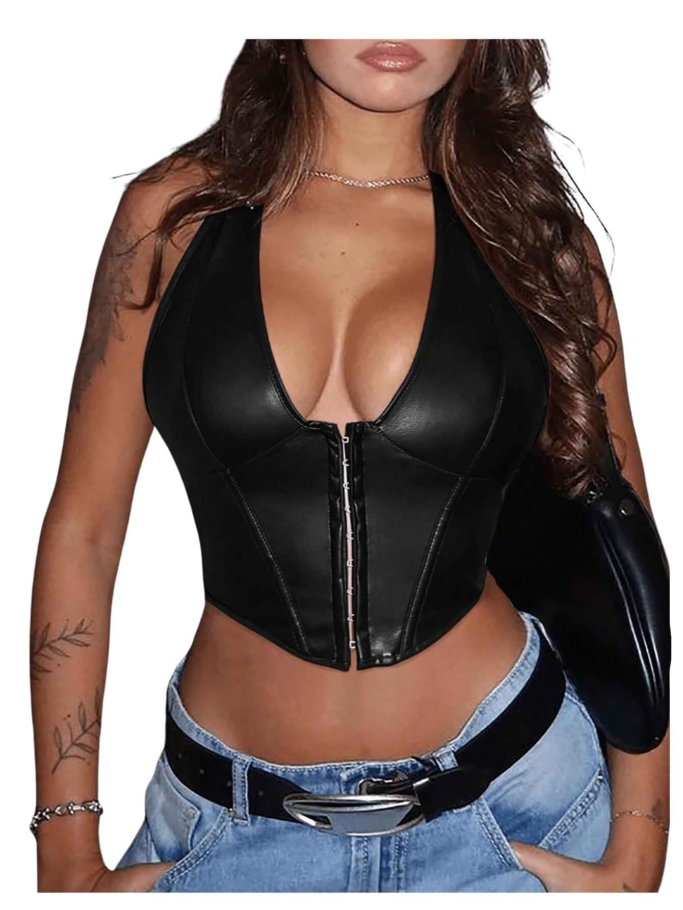 Floerns Women's Y2K PU Leather Halter Neck Crop Tank Top Hook Eye, Backless, Asymmetrical, Party, Cowboy Corset Tops, Club, Concert, Rodeo Outfit, Going Out