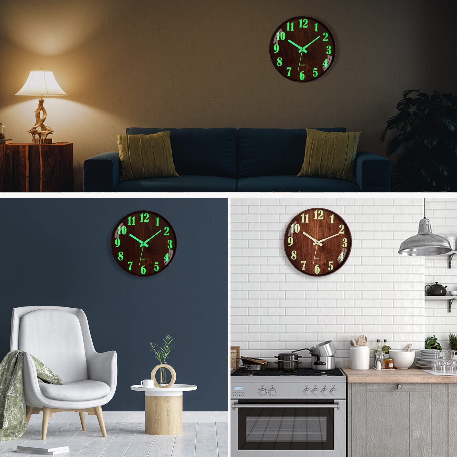 NESIFEE Modern Night Light Wall Clock, 12 Inch Silent Non-Ticking Quartz Wall Clocks, Large Luminous Numbers and Hands, Battery Powered Clock Decor for Living Room Bedroom Kitchen Office