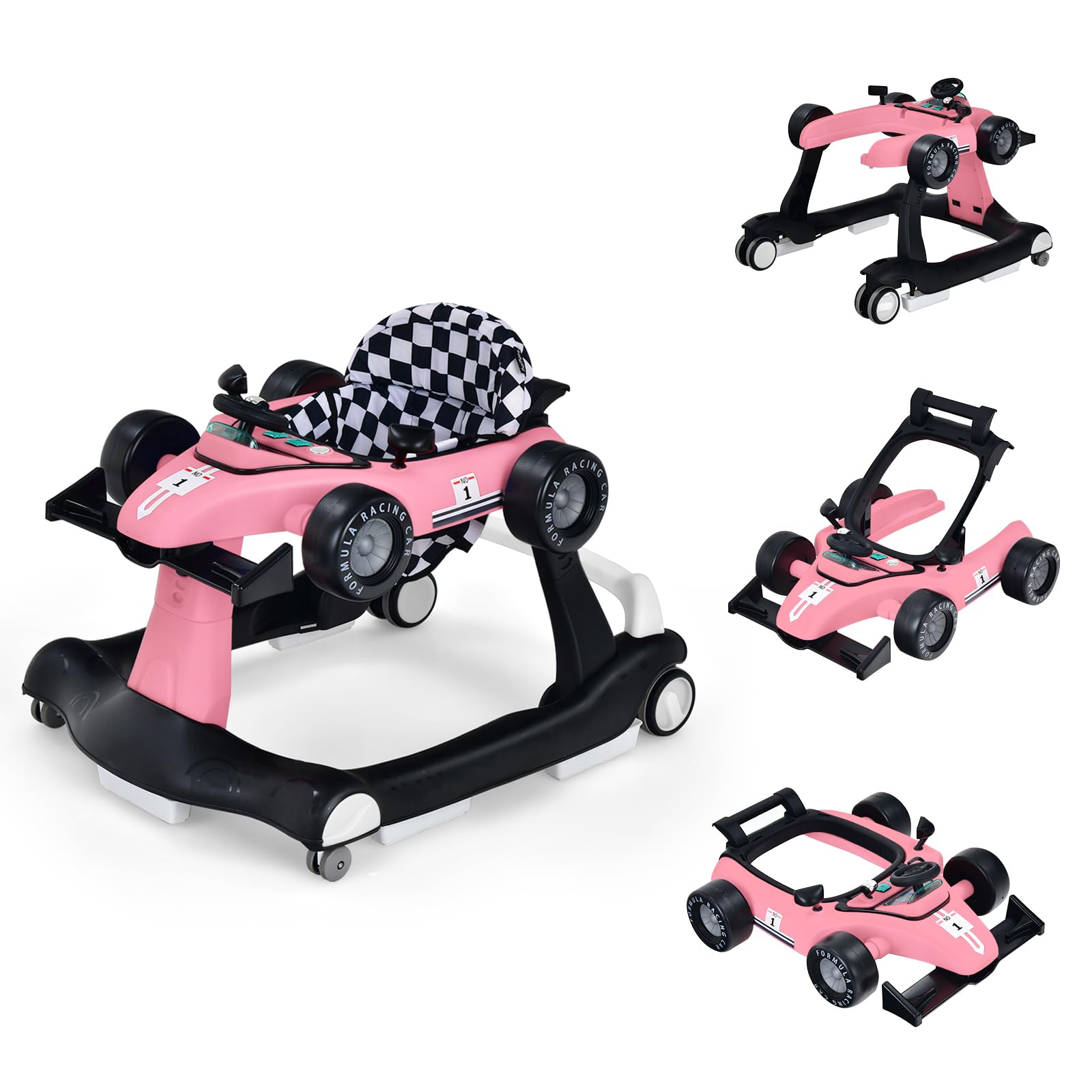 LIFEZEAL Girello Neonato 6-18 Mesi, 4 in 1, Girello per Bambini 6-18 Mesi, Baby Walker Pieghevole, con Altezza e Velocità di Ruote Regolabili, Primi Passi, con Luce e Musica, Portata 15 kg, Rosa