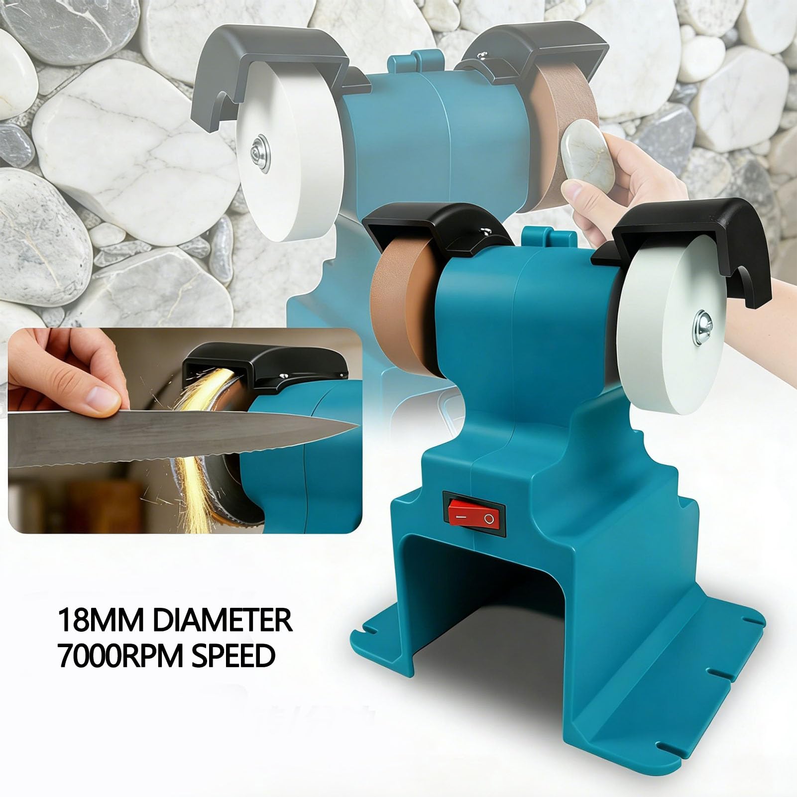Mini Amoladora de Banco, Pulidora y Lijadora Inalámbrica de 200 W, 7000 RPM, con 2 Muelas Abrasivas y Kit de Montaje, para Pulir Afilar Herramientas, Compatible con Batería de