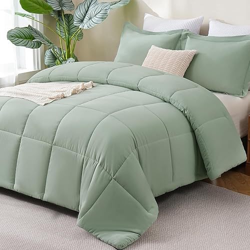 CozyLux Juego de edredón Queen  Edredón verde salvia, juego de cama de 3 piezas con costuras en caja para todas las estaciones, juegos de ropa de