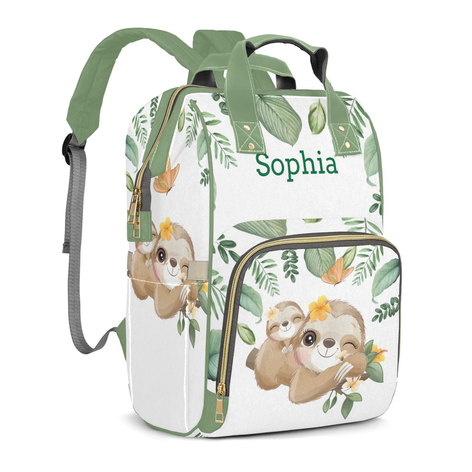 Sloth Jungle Green Leaf Diaper Bag Backpack Multifunction Bags with Changing Pad Unisex Stylish Travel Back Pack Nappy Custom Bag for Moms Dads