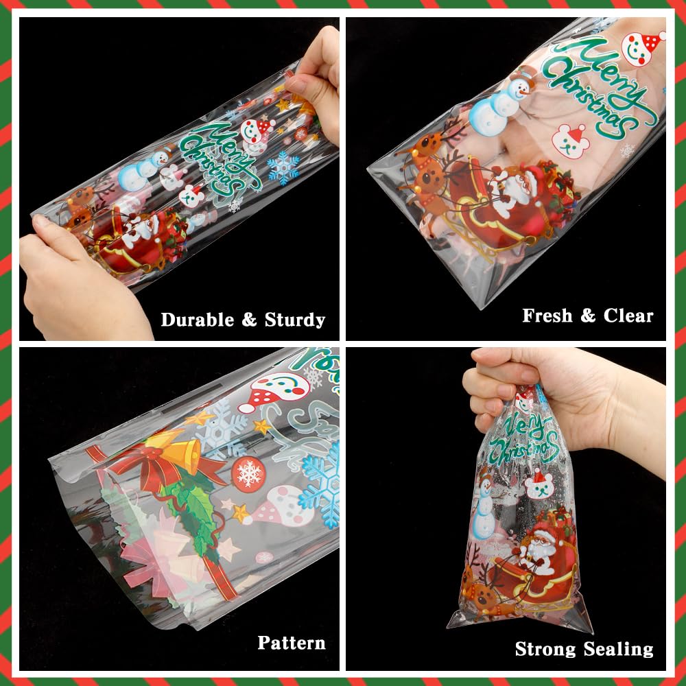 Bolsas de celofán de Navidad, bolsas de dulces de Navidad, paquete de 100 bolsas de plástico transparente con giros para bolsas de regalo de Navidad, suministros de fiesta, regalos de fiesta,