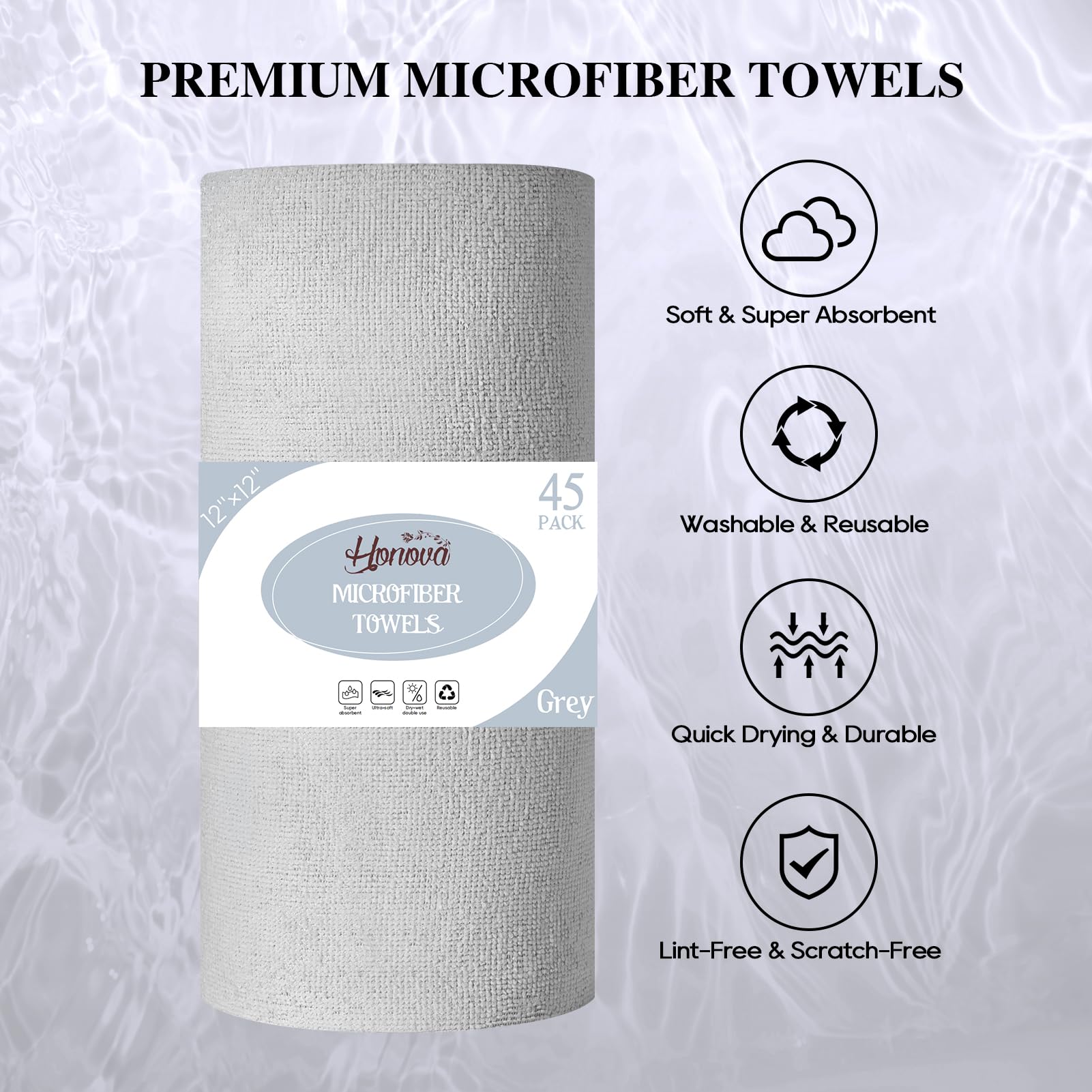HONOVA Paño de limpieza de microfibra, paquete de 45 toallas de papel reutilizables, rollo lavable, 12 x 12 pulgadas, toallas de microfibra extraíbles, ultra absorbentes, trapos de cocina sin pelusa